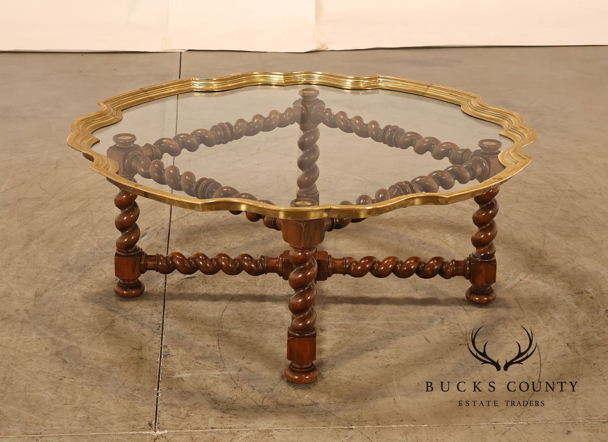 Baker Vintage Oak Barley Twist Scalloped Brass And Glass Top Coffee Table