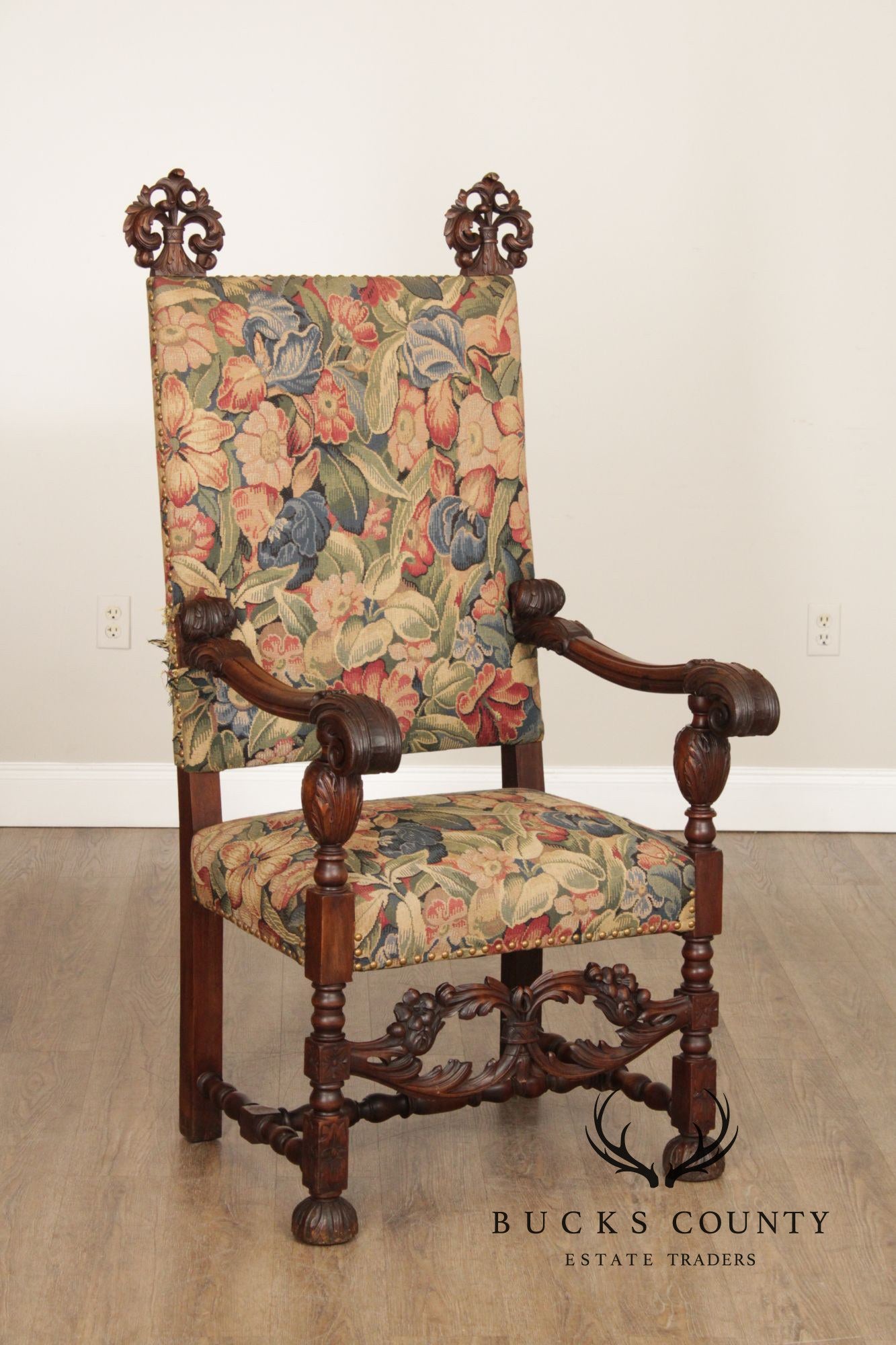 Antique French Baroque Style Carved Walnut Armchair