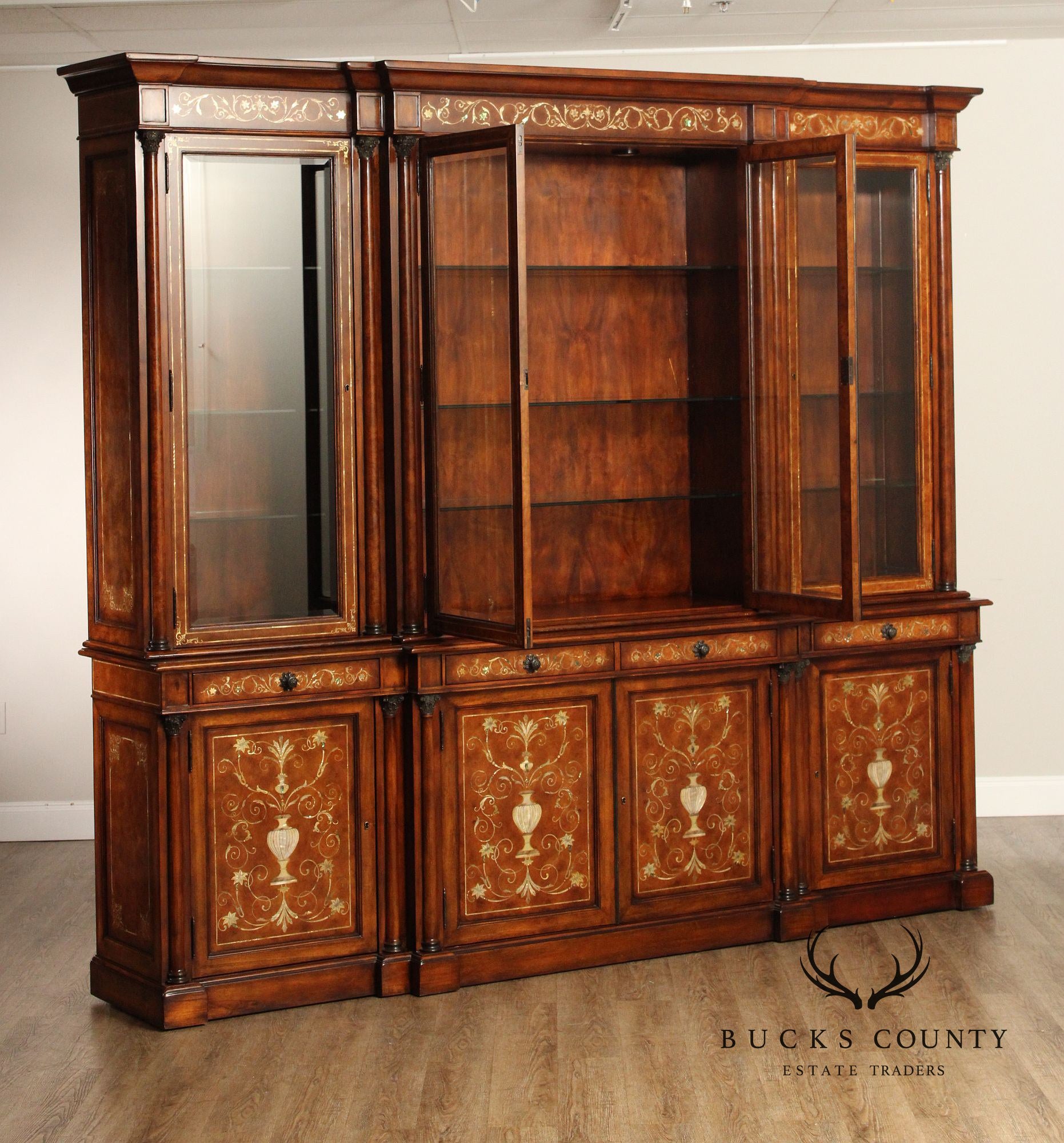 Theodore Alexander Monumental Inlaid Mahogany Breakfront Bookcase