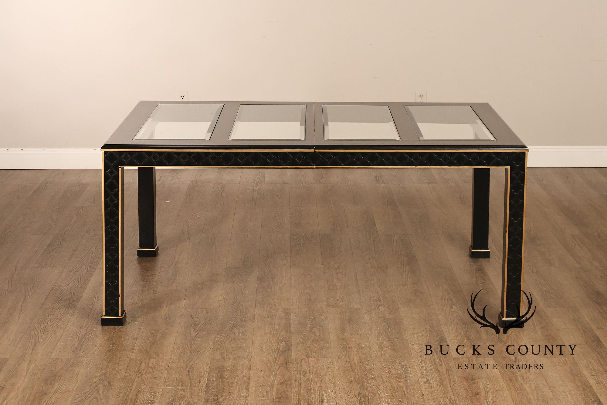 Chinese Chippendale Black Lacquered Dining Table With Two Leaves, Inset Glass