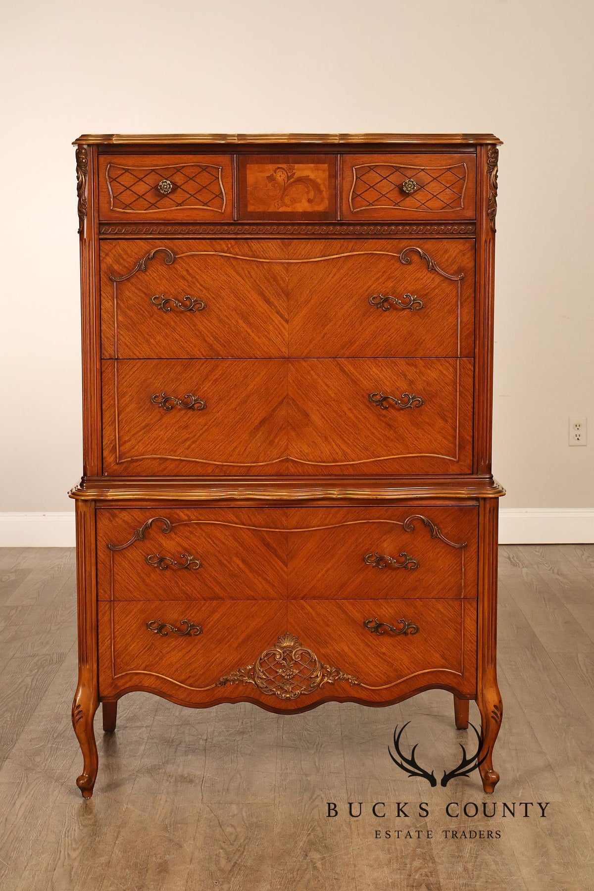 French Louis XV Style Satinwood High Chest Of Drawers