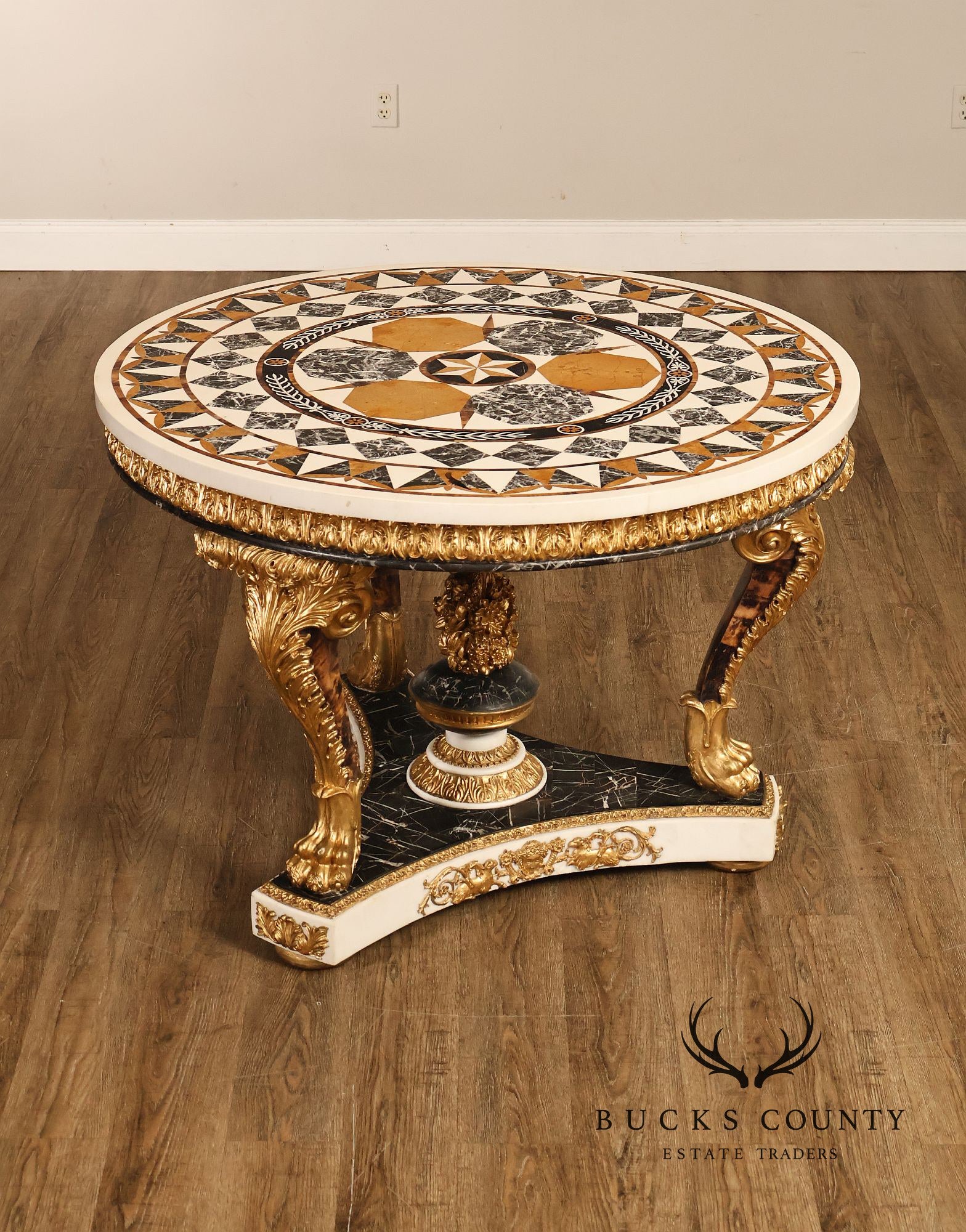 Empire Style Round Pietra Dura Center Table With Gilt Carved Base