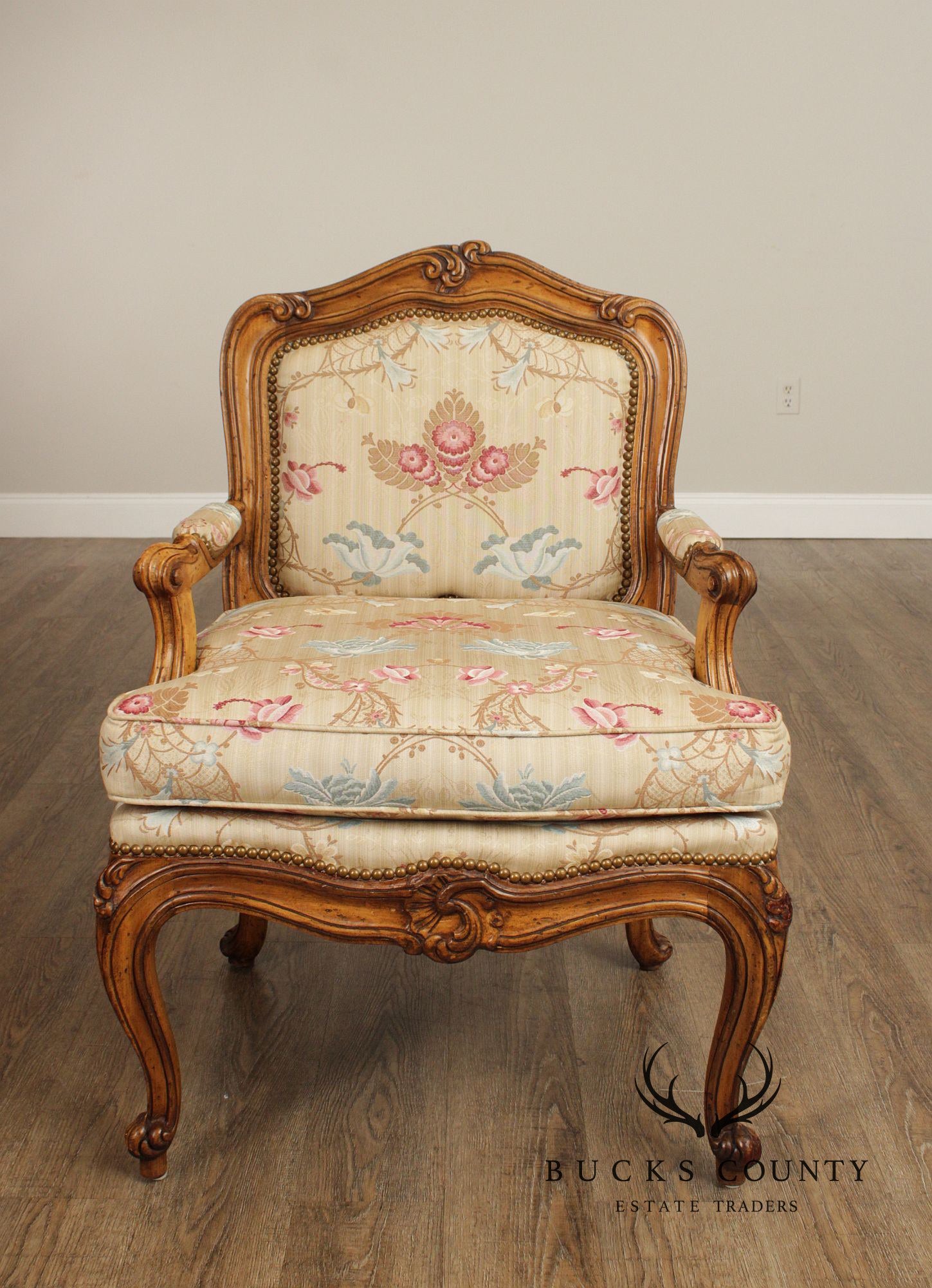 Italian Rococo Style Custom Upholstered Carved Walnut Armchair