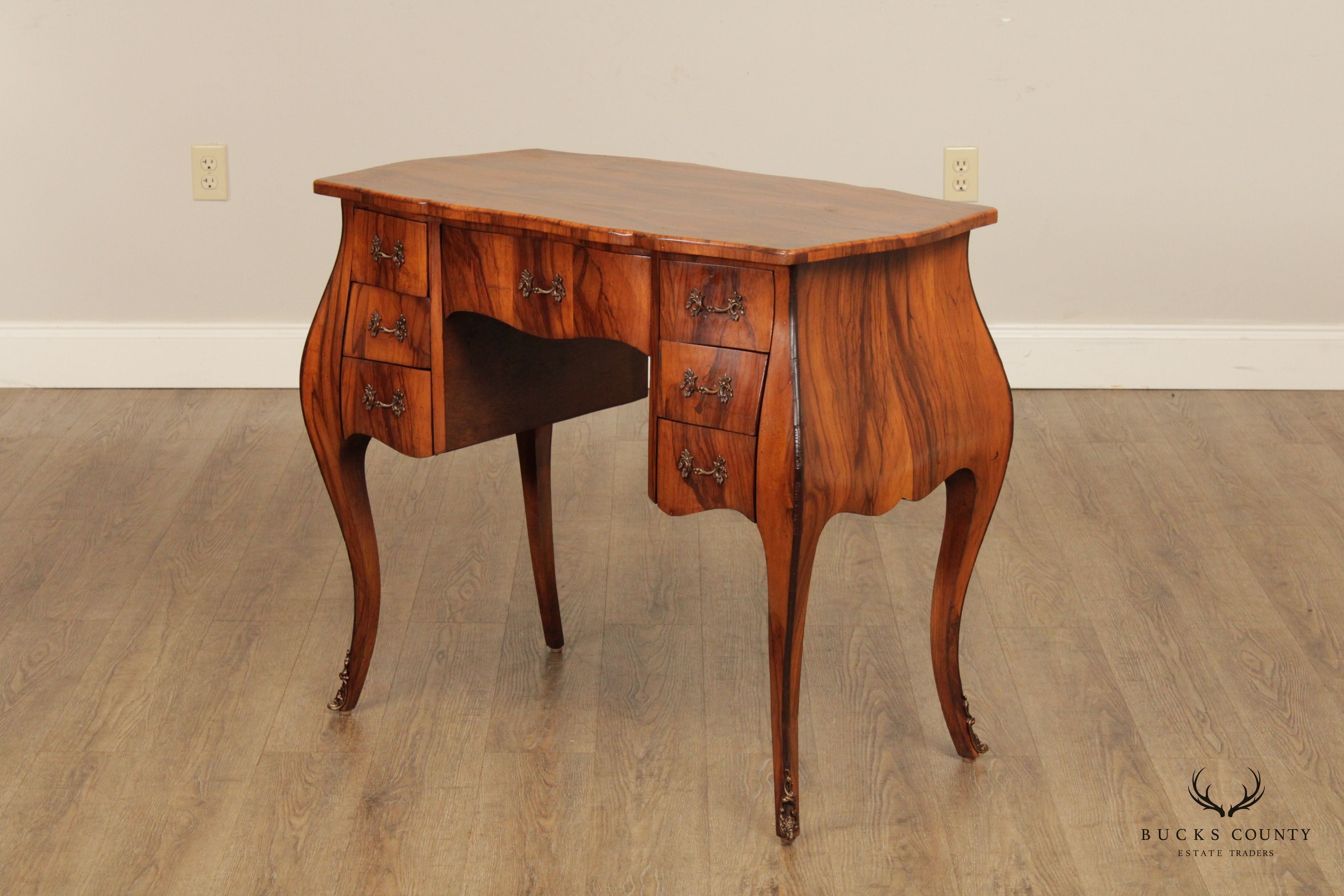 Italian Rococo Style Olive Wood Bombe Writing Desk