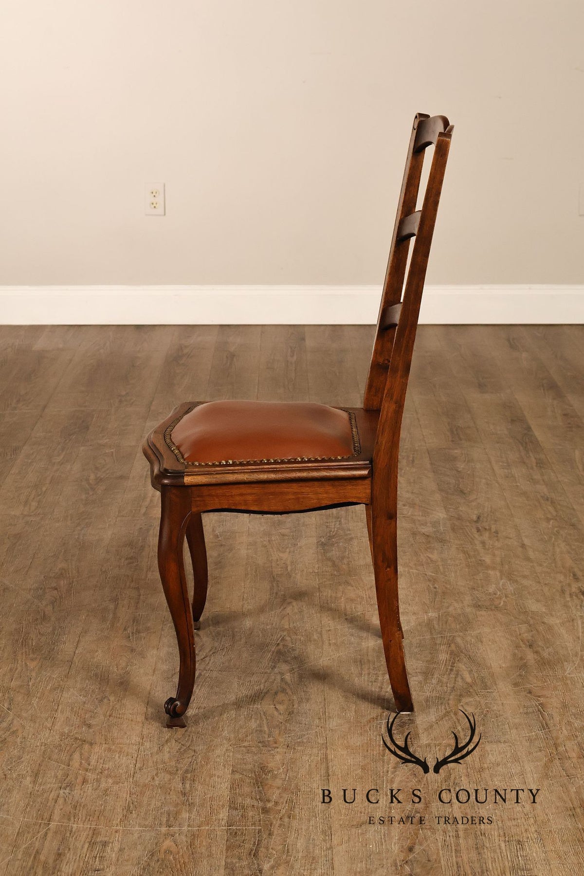 French Country Antique Set Of Eight Walnut And Leather Ladder Back Dining Chairs