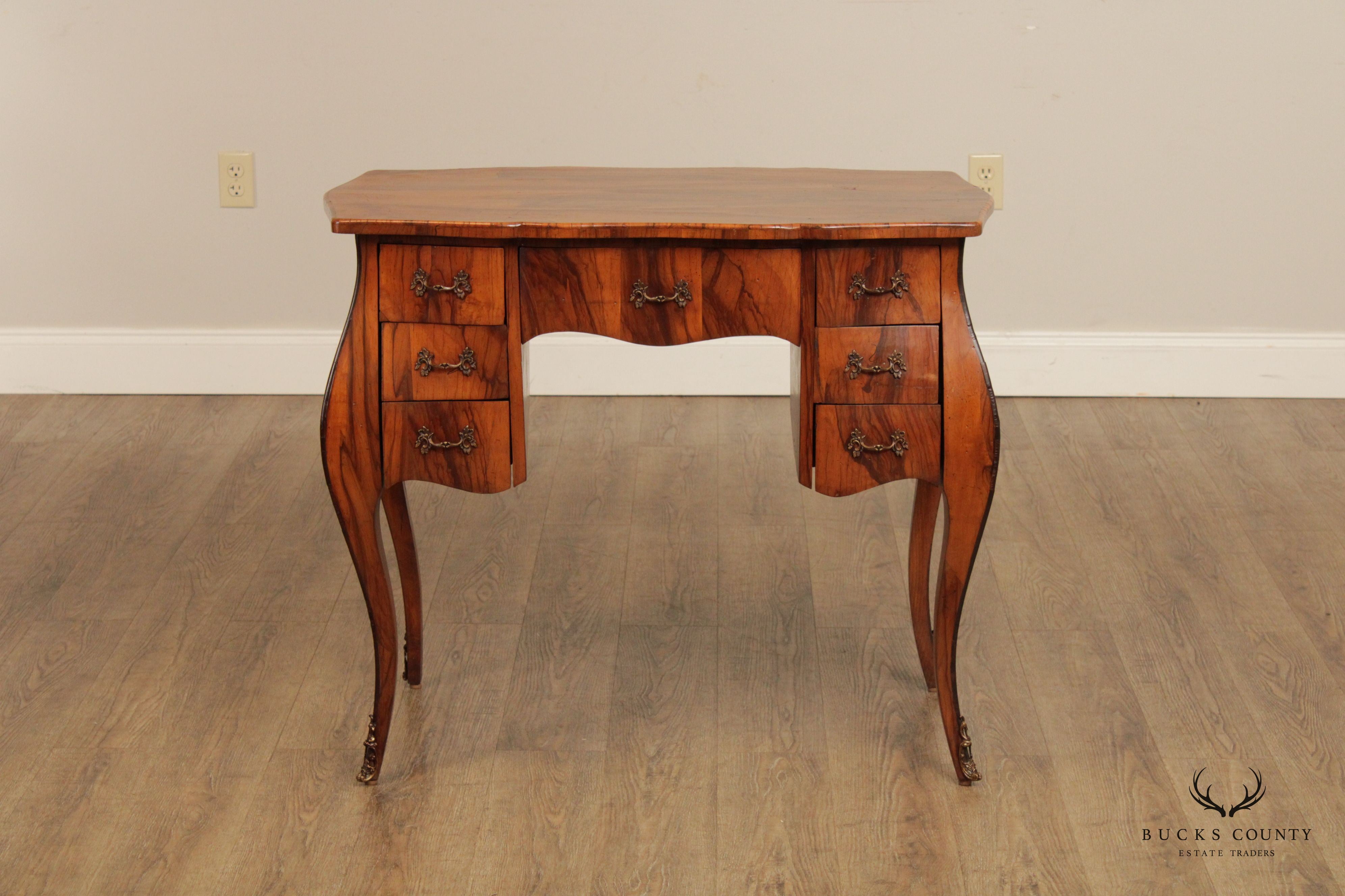 Italian Rococo Style Olive Wood Bombe Writing Desk