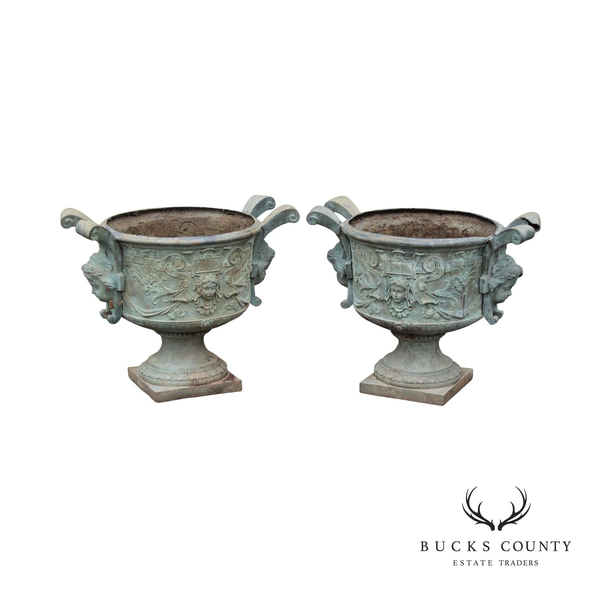 Antique Pair of Lead Alloy Outdoor Garden Urns