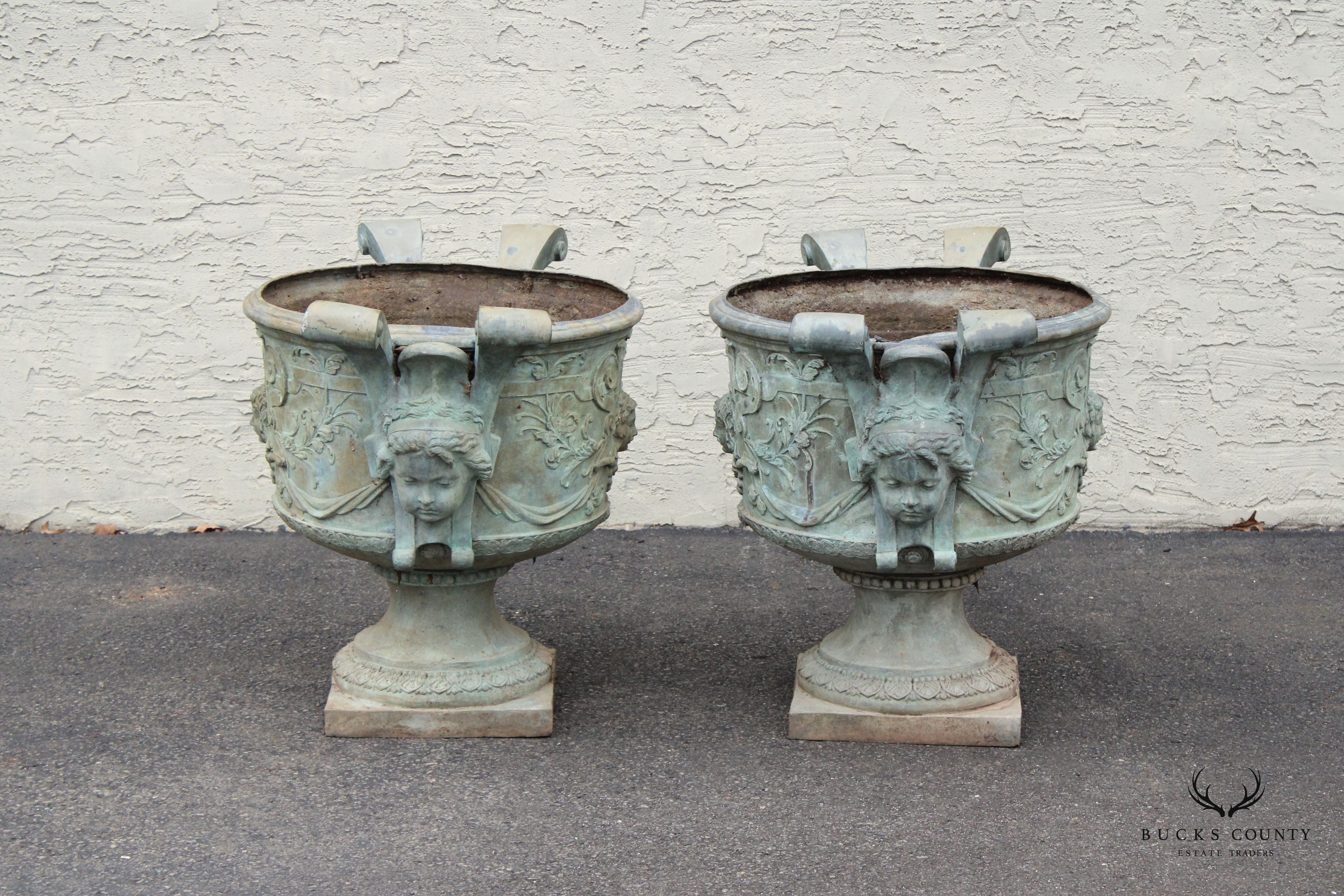 Antique Pair of Lead Alloy Outdoor Garden Urns