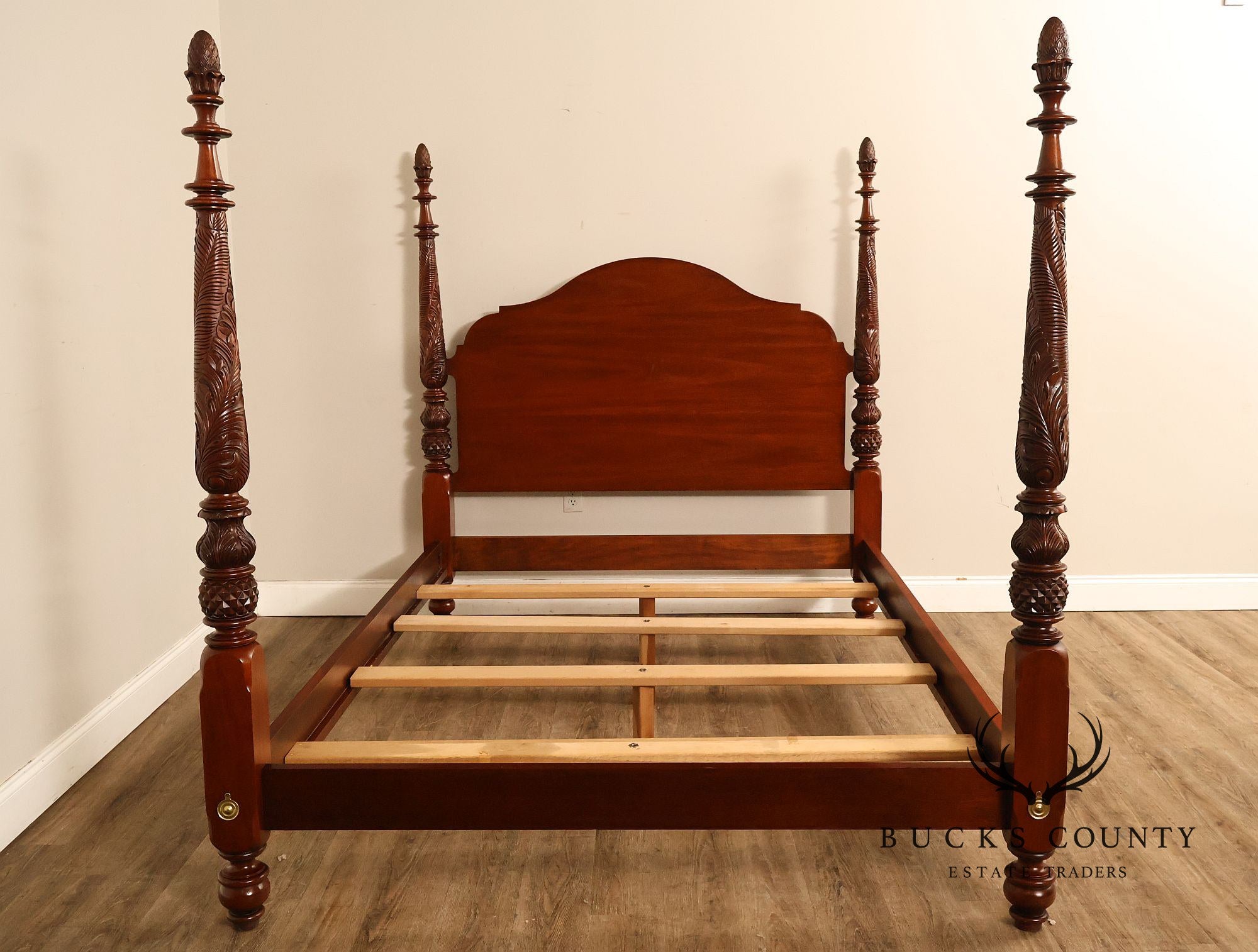 Carved Mahogany Four-Poster Queen Bed Frame
