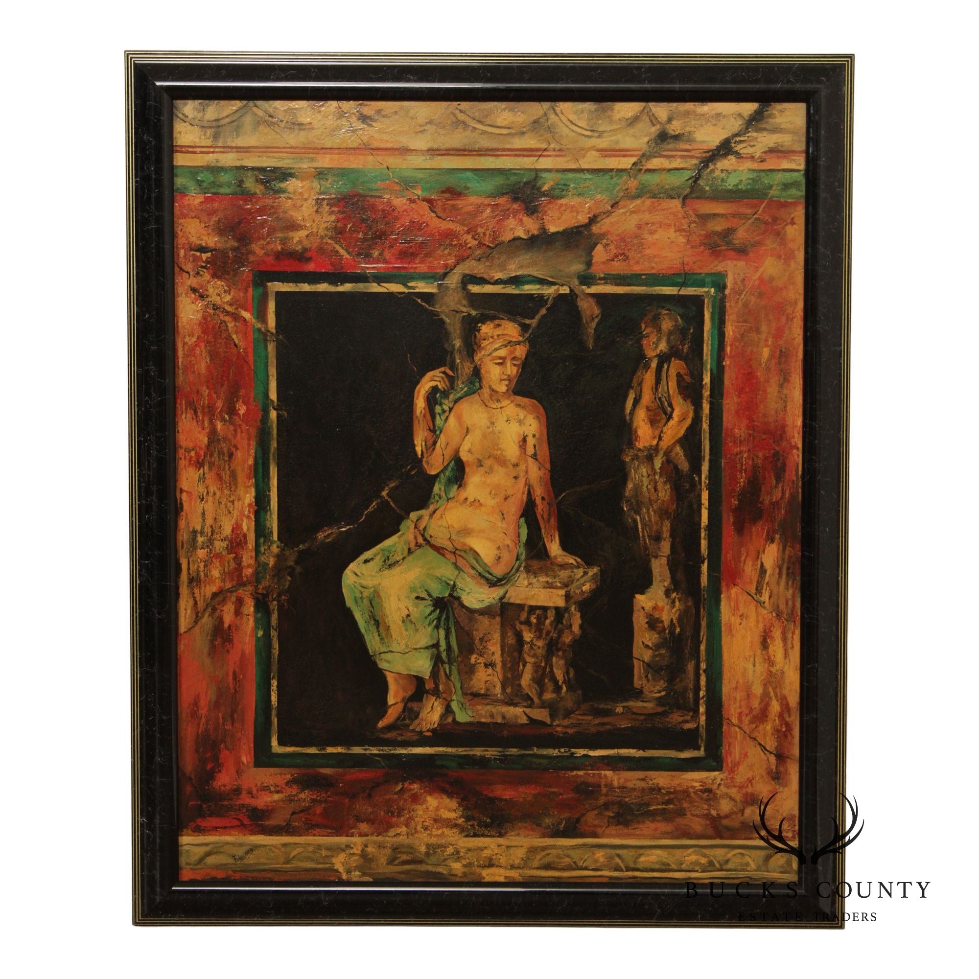 Roman Fresco Oil Painting Signed 'Fabriano' with Black Frame