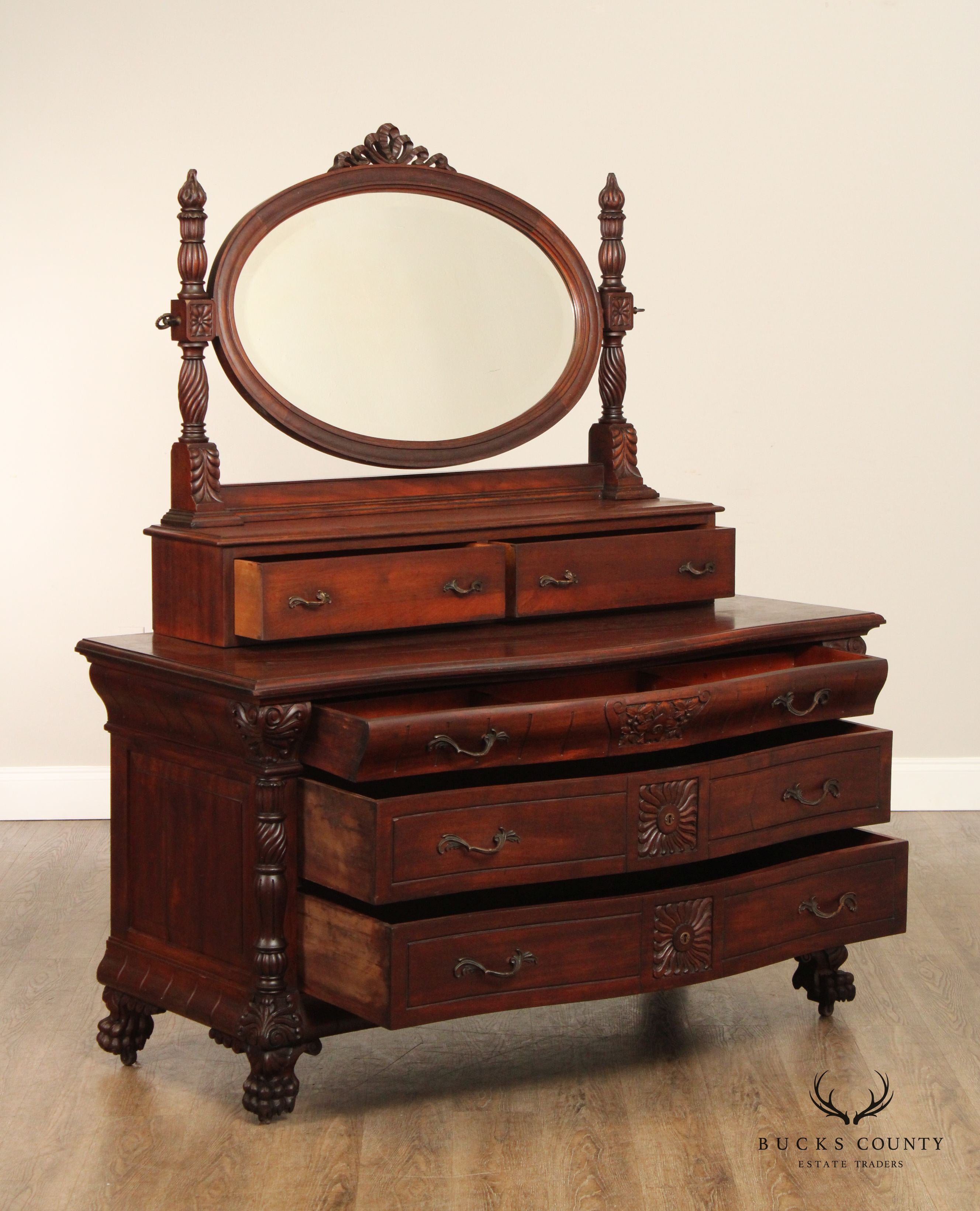 American Victorian Carved Mahogany Dresser With Mirror