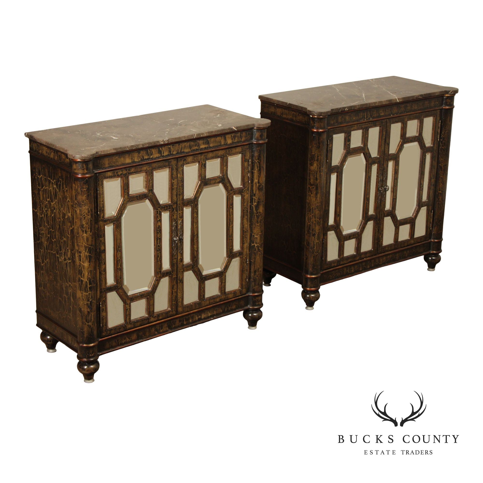 Hollywood Regency Style Pair Of Mirrored Cabinets With Marble Tops