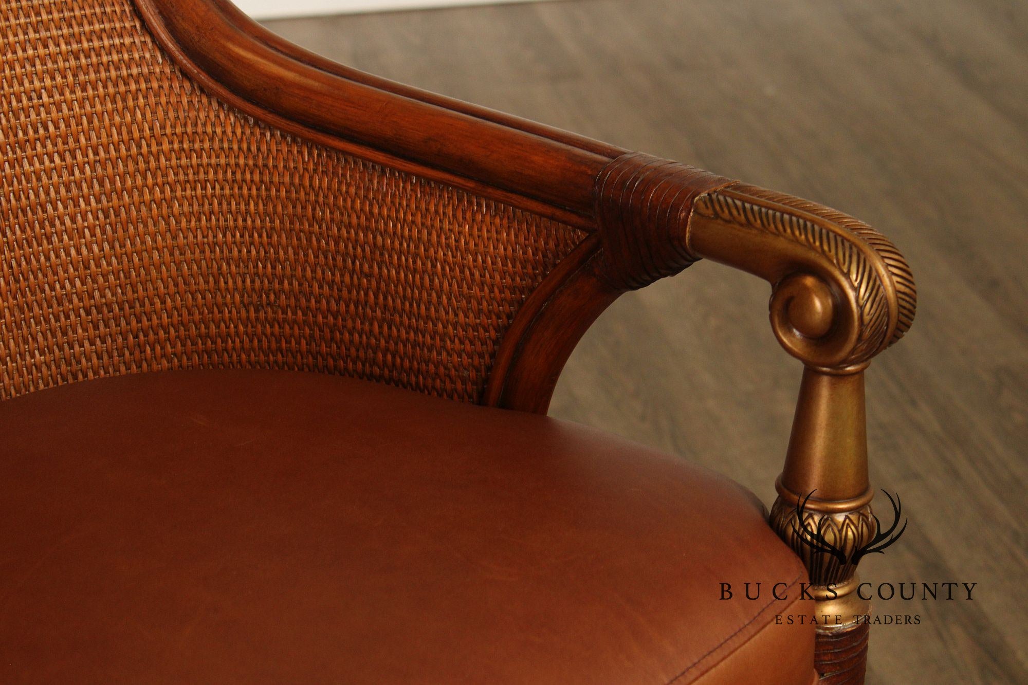 Pair Of Ethan Allen Leather And Rattan Bar Stools