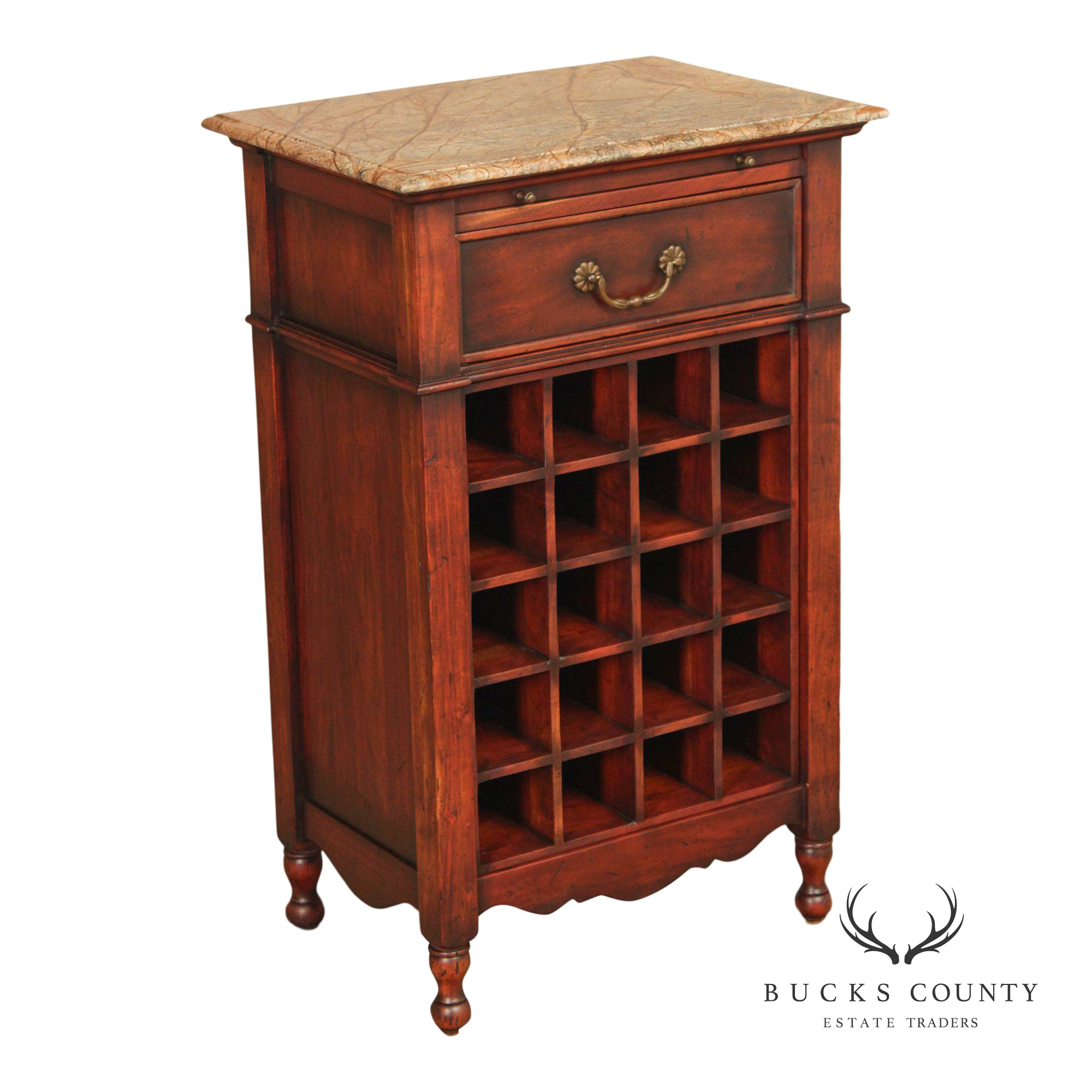 French Country Style Marble Top Wine Rack Cabinet With Drawer, Cherry Finish