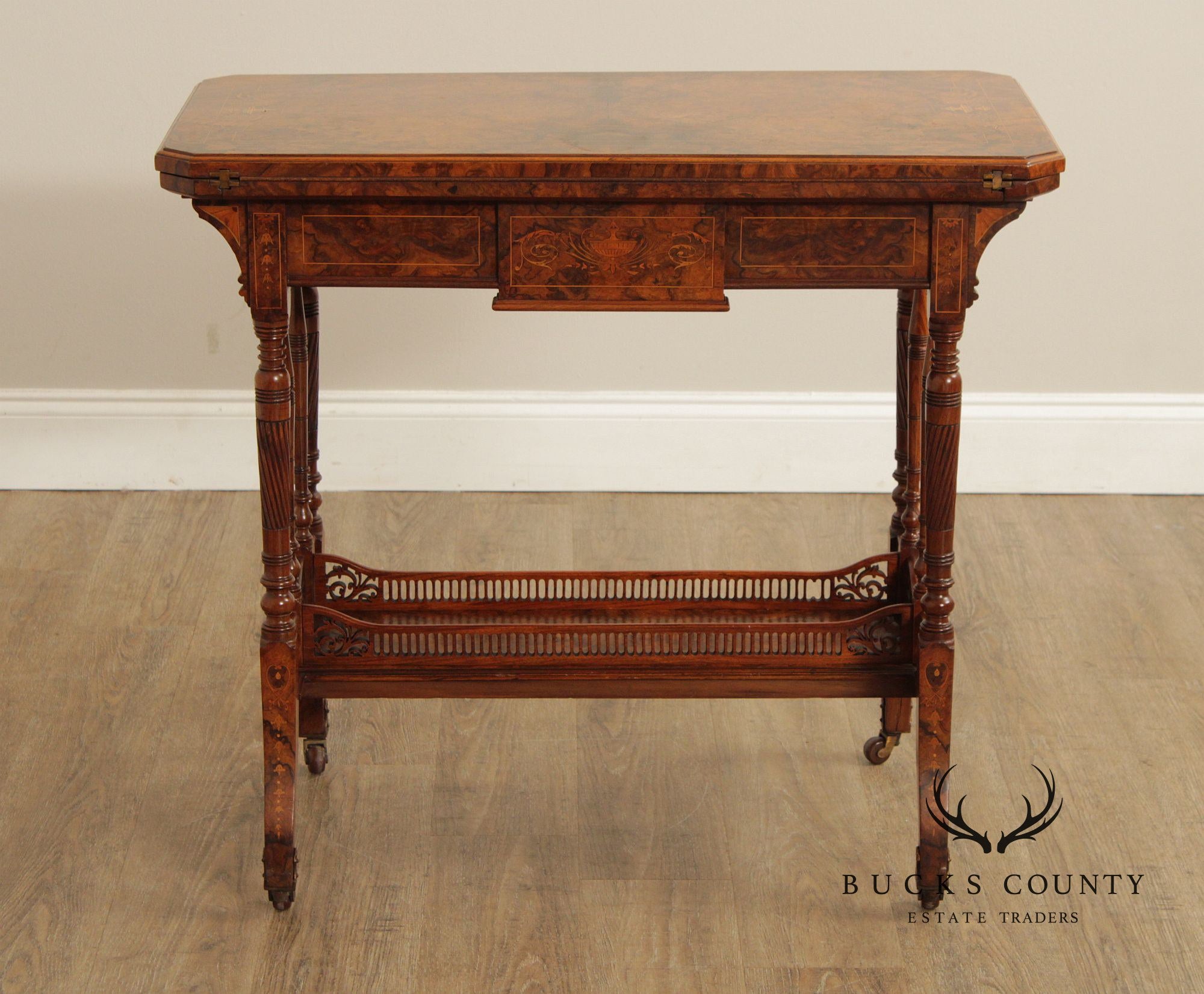 Antique English Burl Walnut Inlaid Games Table