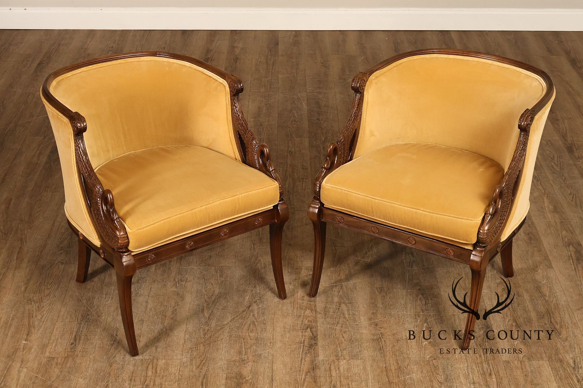 Pair Of French Empire Style Carved Mahogany Swan Motif Barrel Back Club Chairs In Gold Velvet