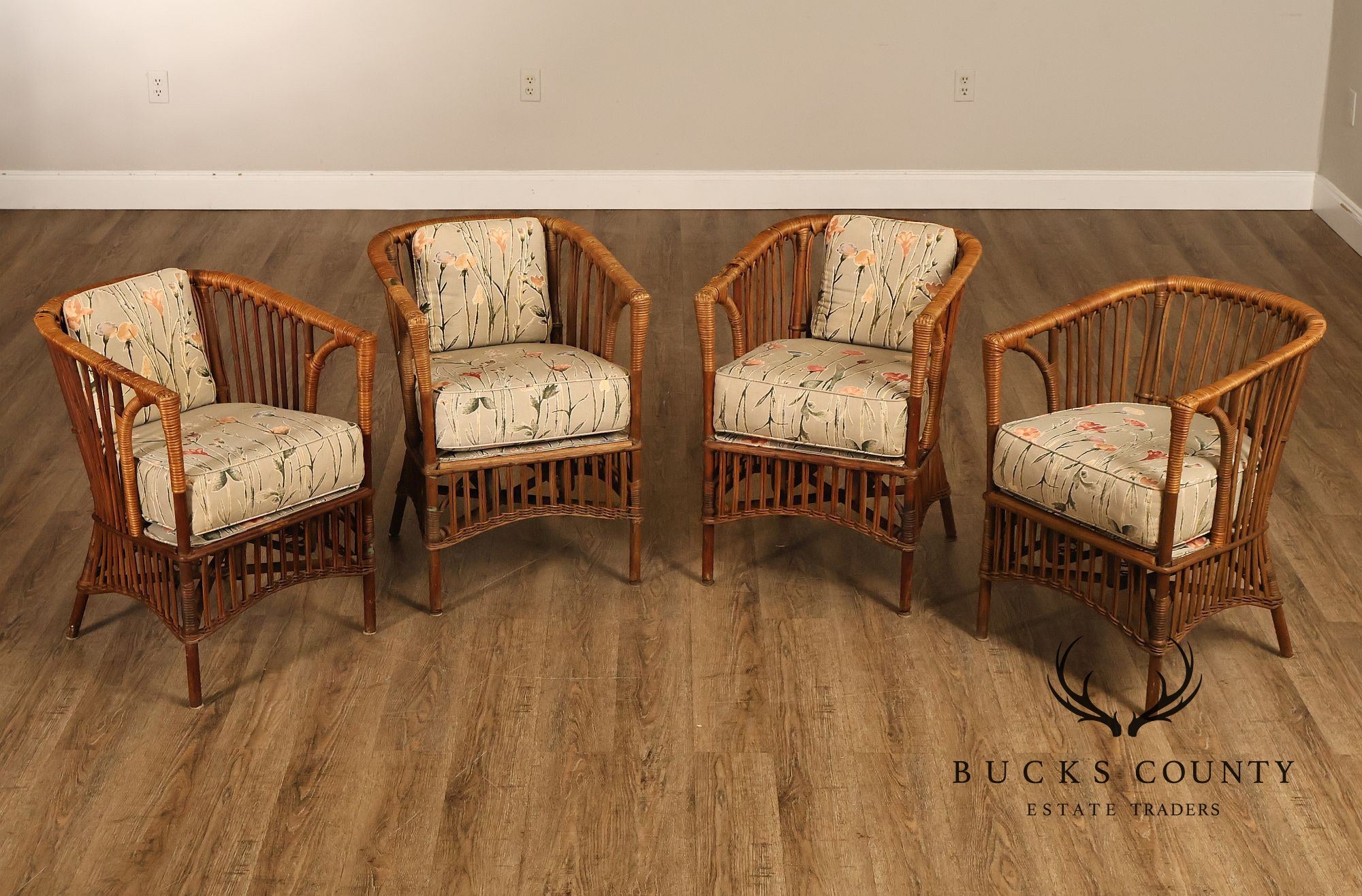 Antique Set Of Four Split Reed Rattan Armchairs With Floral Cushions