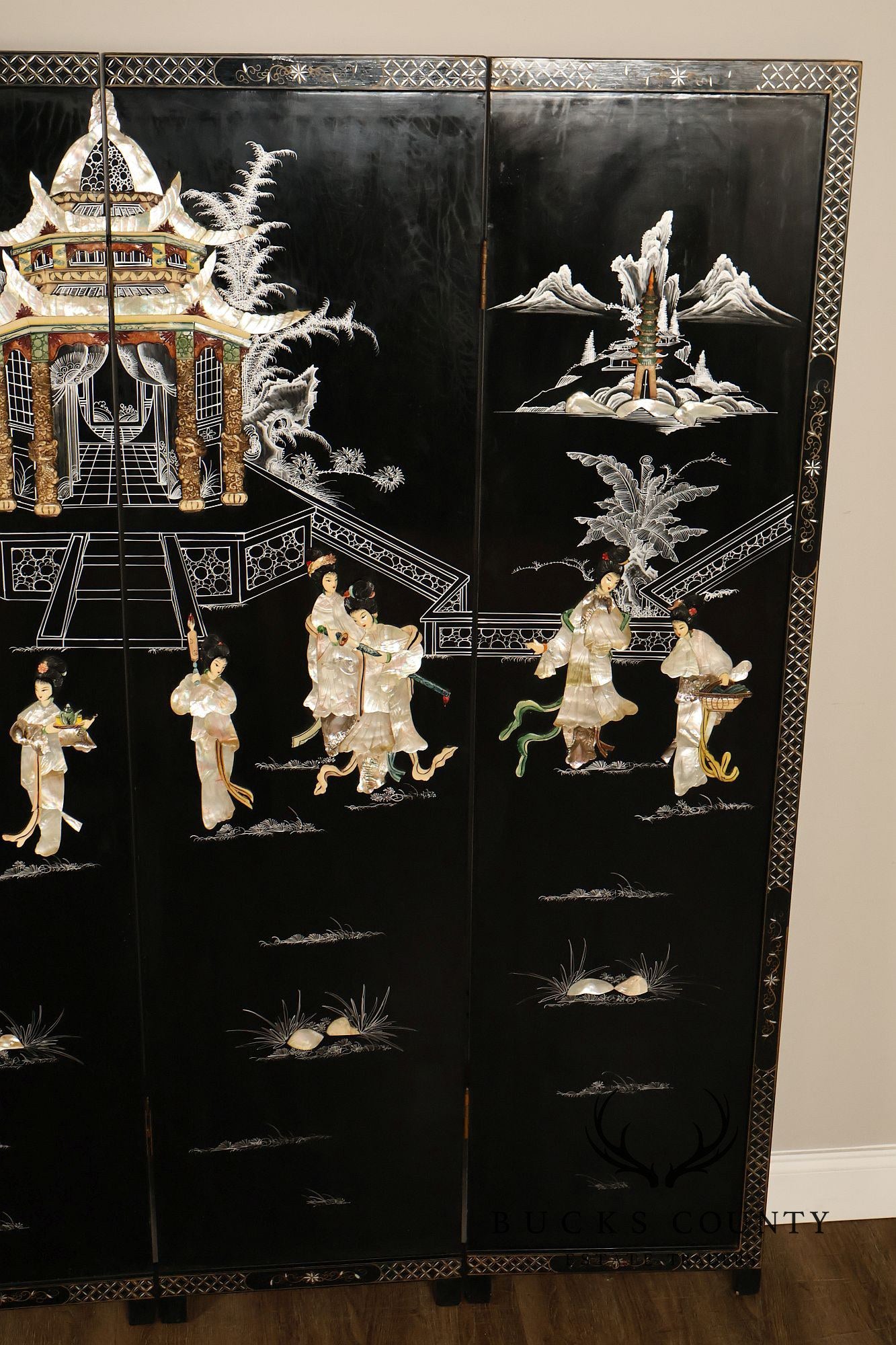 Asian Black Lacquer Vintage Pair Of Four Panel Folding Screens With Mother Of Pearl Inlay