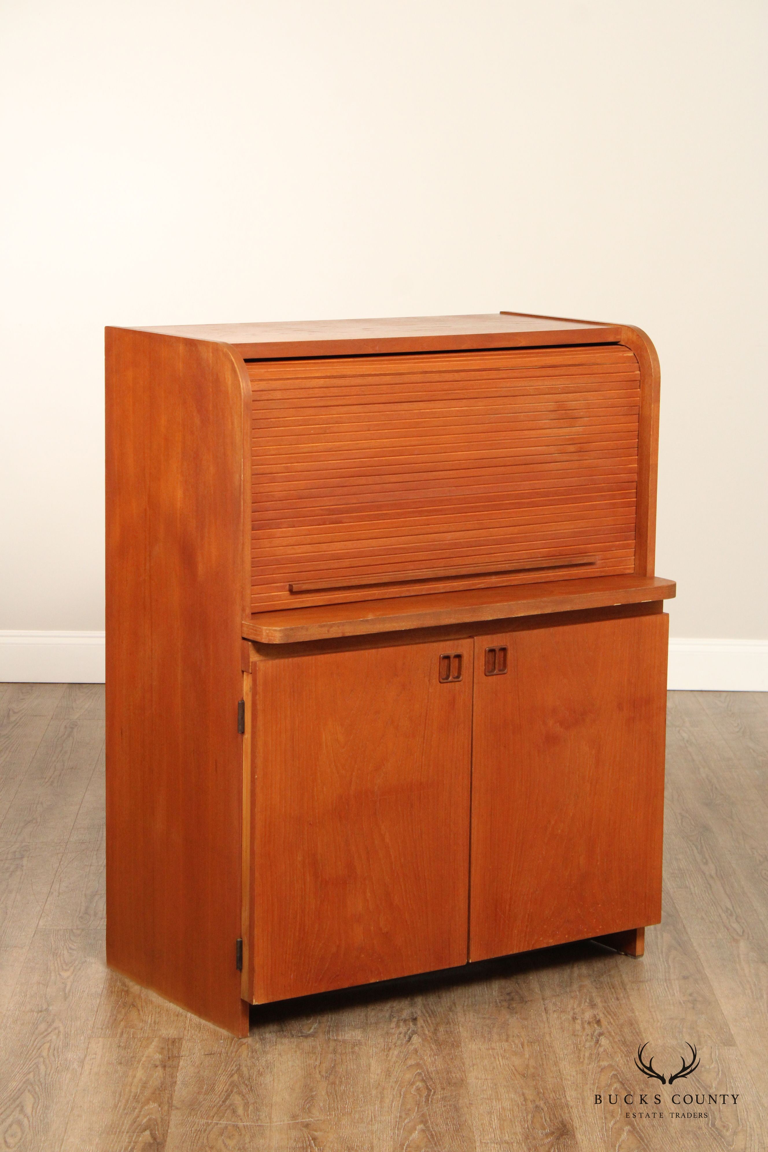 Danish Modern Vintage Teak Roll Top Bar Cabinet or Secretary Desk