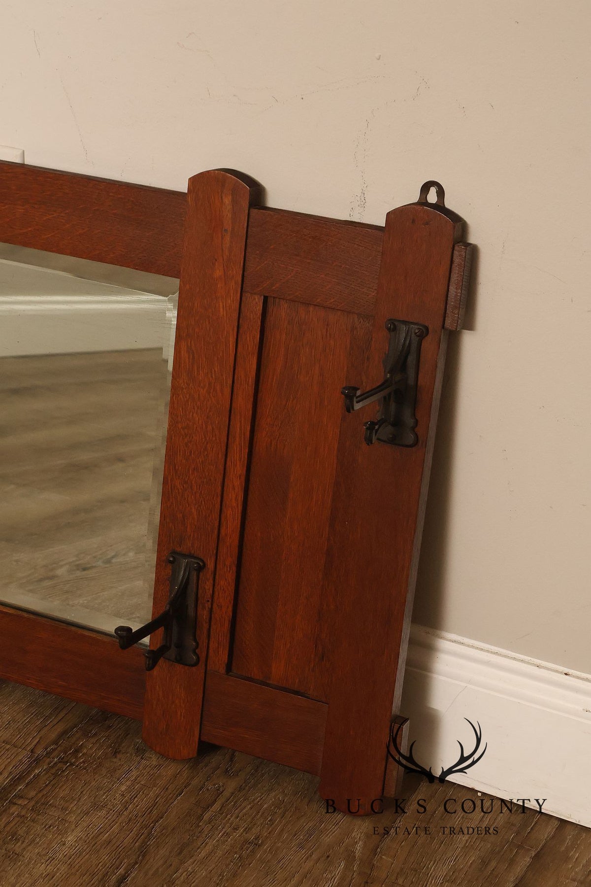 Antique Arts And Crafts Mission Oak Hall Mirror With Coat Hooks