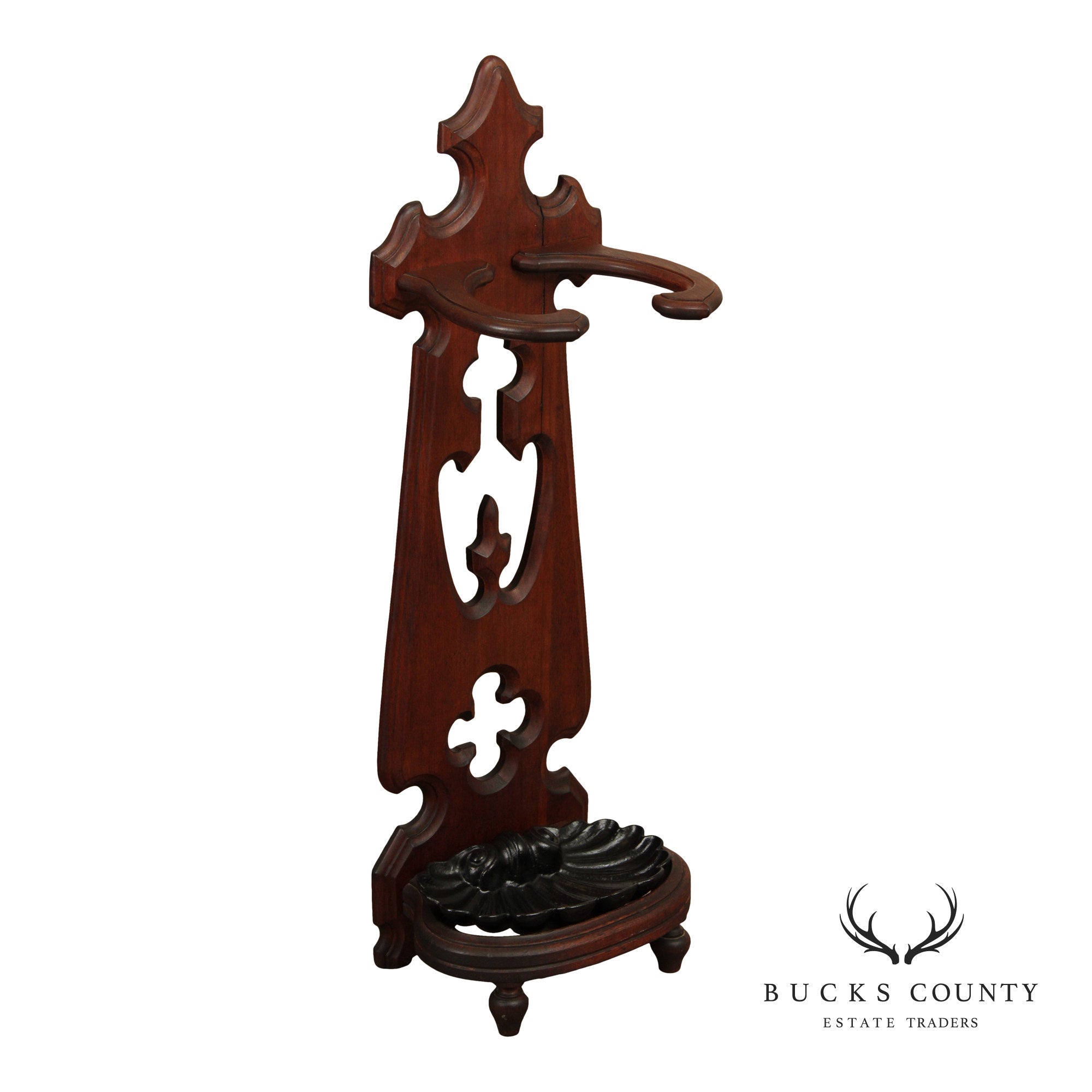 Antique Victorian Gothic Revival Umbrella Stand With Cast Iron Drip Pan