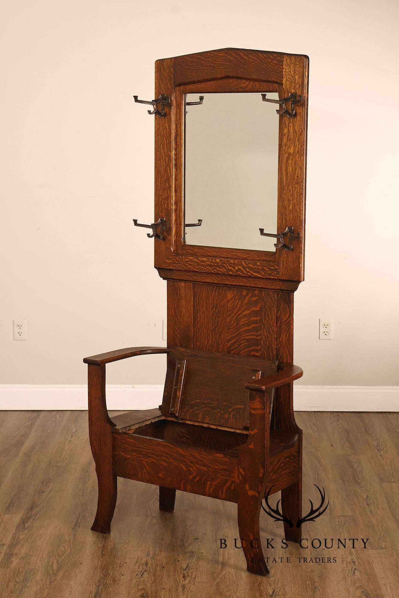 Antique Arts And Crafts Oak Mirrored Hall Seat