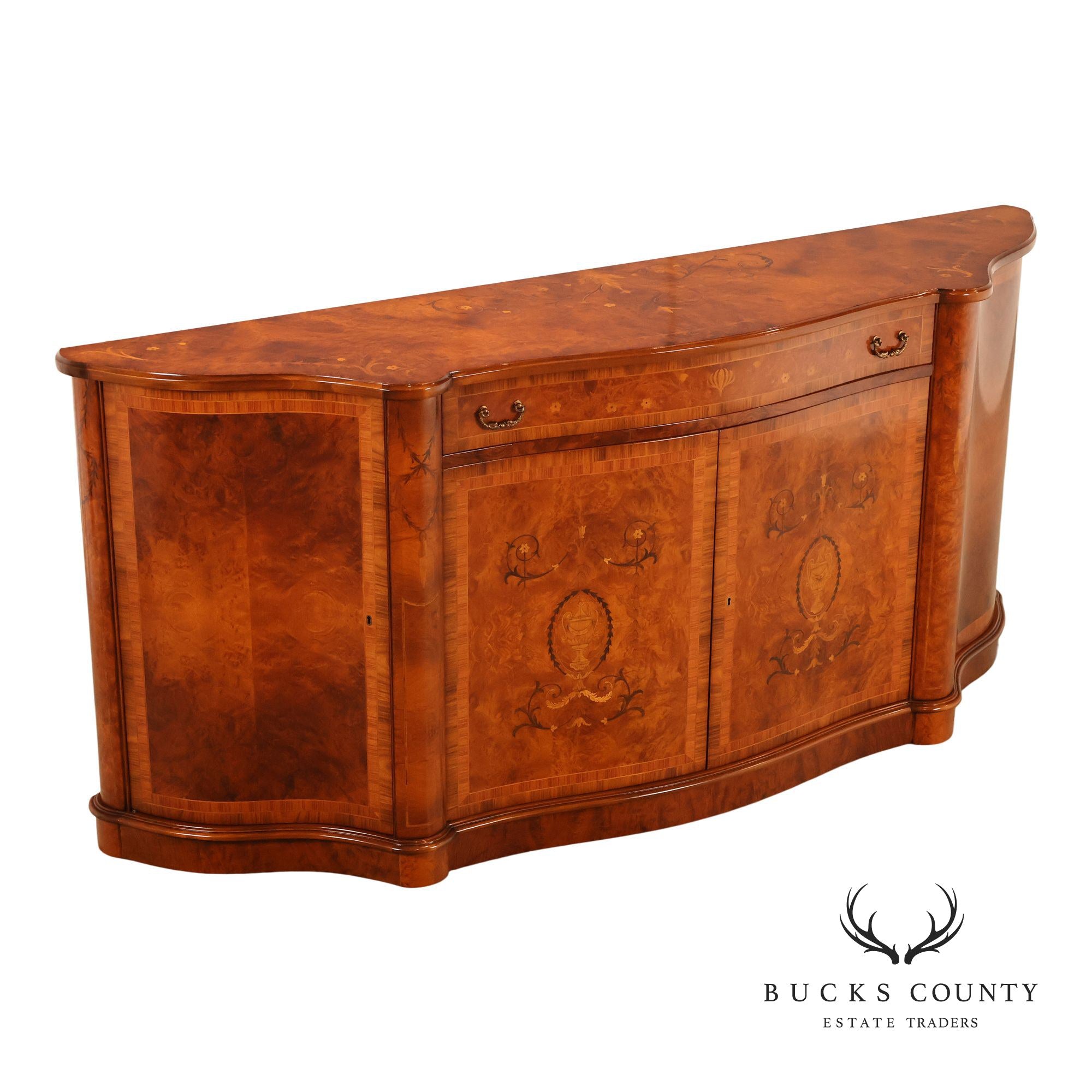 Italian Style Marquetry Inlaid Burl Wood Credenza Sideboard
