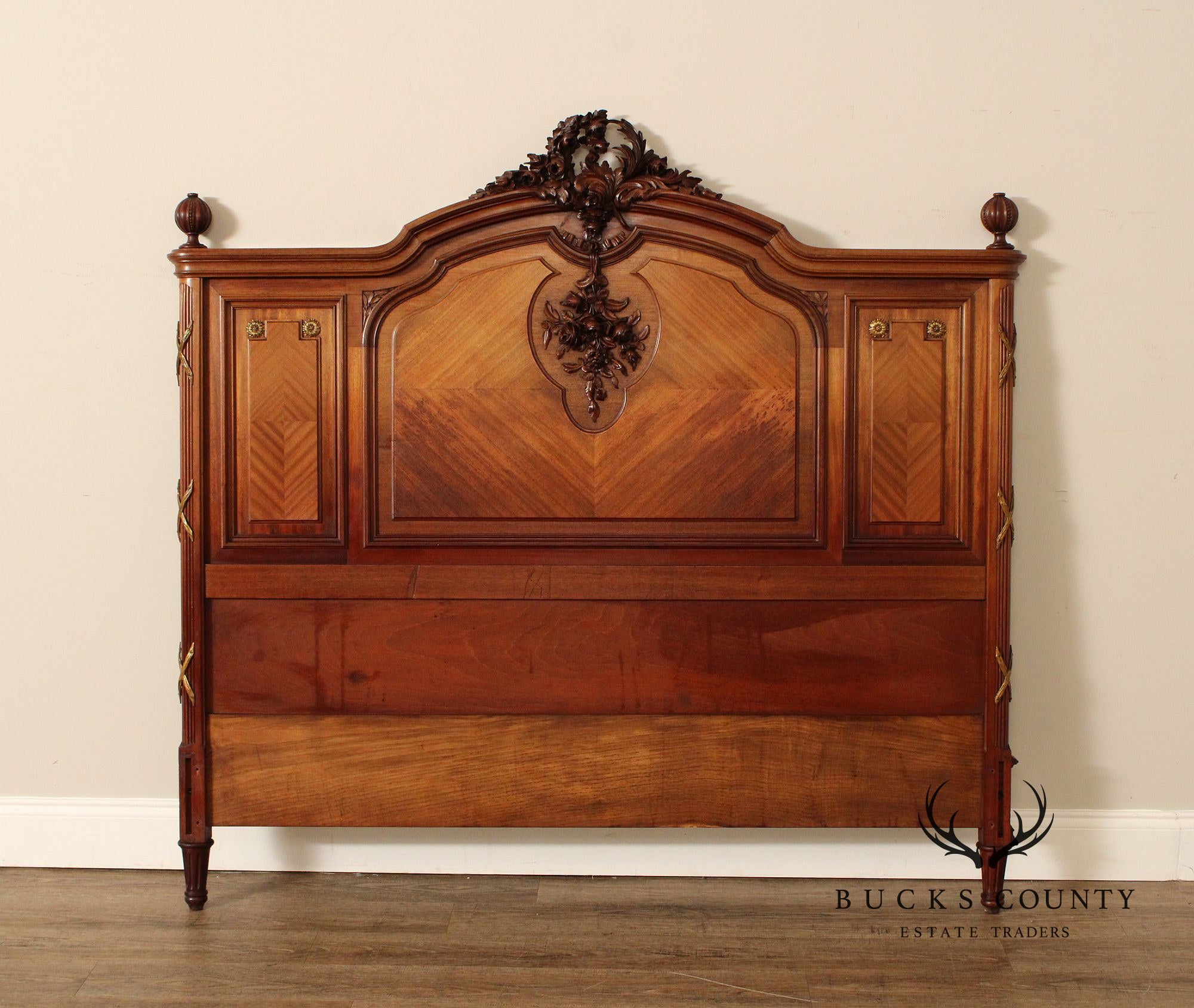 French Louis XVI Style Antique Carved Walnut Queen Headboard