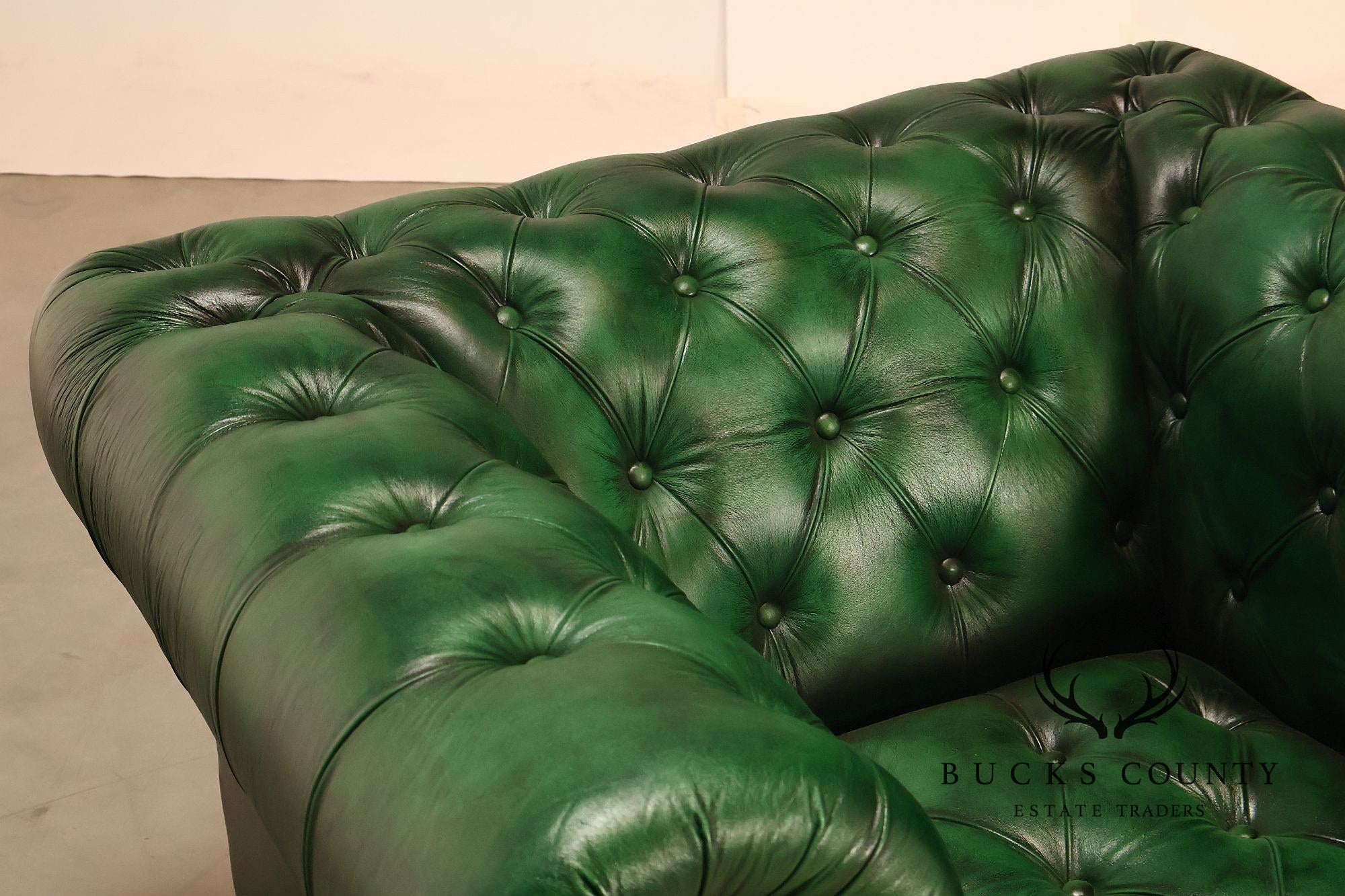 Chesterfield Style Pair of Green Leather Club Chairs