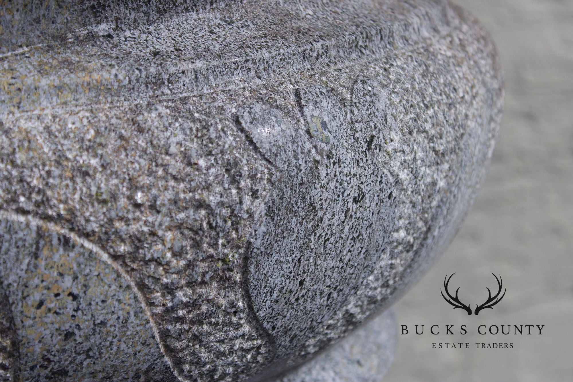 Vintage Pair Of Carved Granite Three-Piece Garden Urns On Pedestals