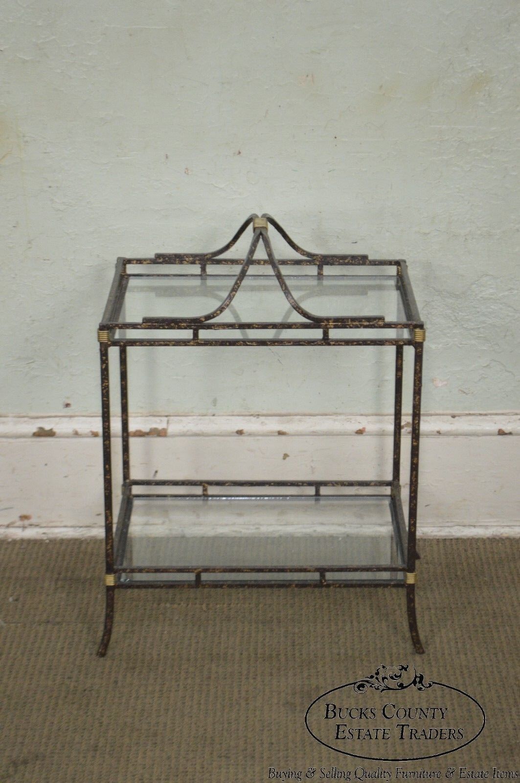 Quality Wrought Iron Glass & Brass 2 Tier Side Table Stand