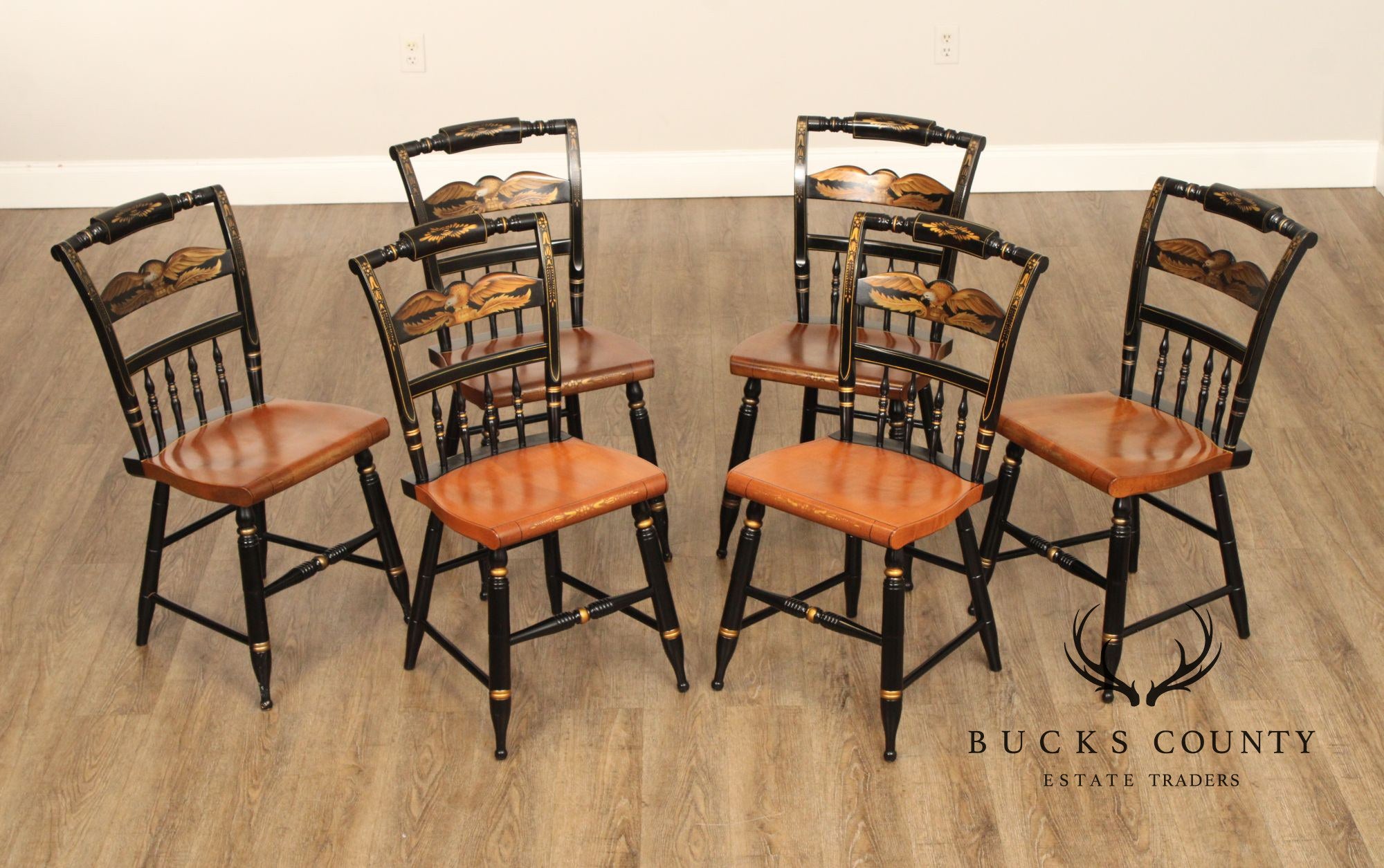 L. Hitchcock Vintage Set of Six Black and Gold Painted Dining Chairs