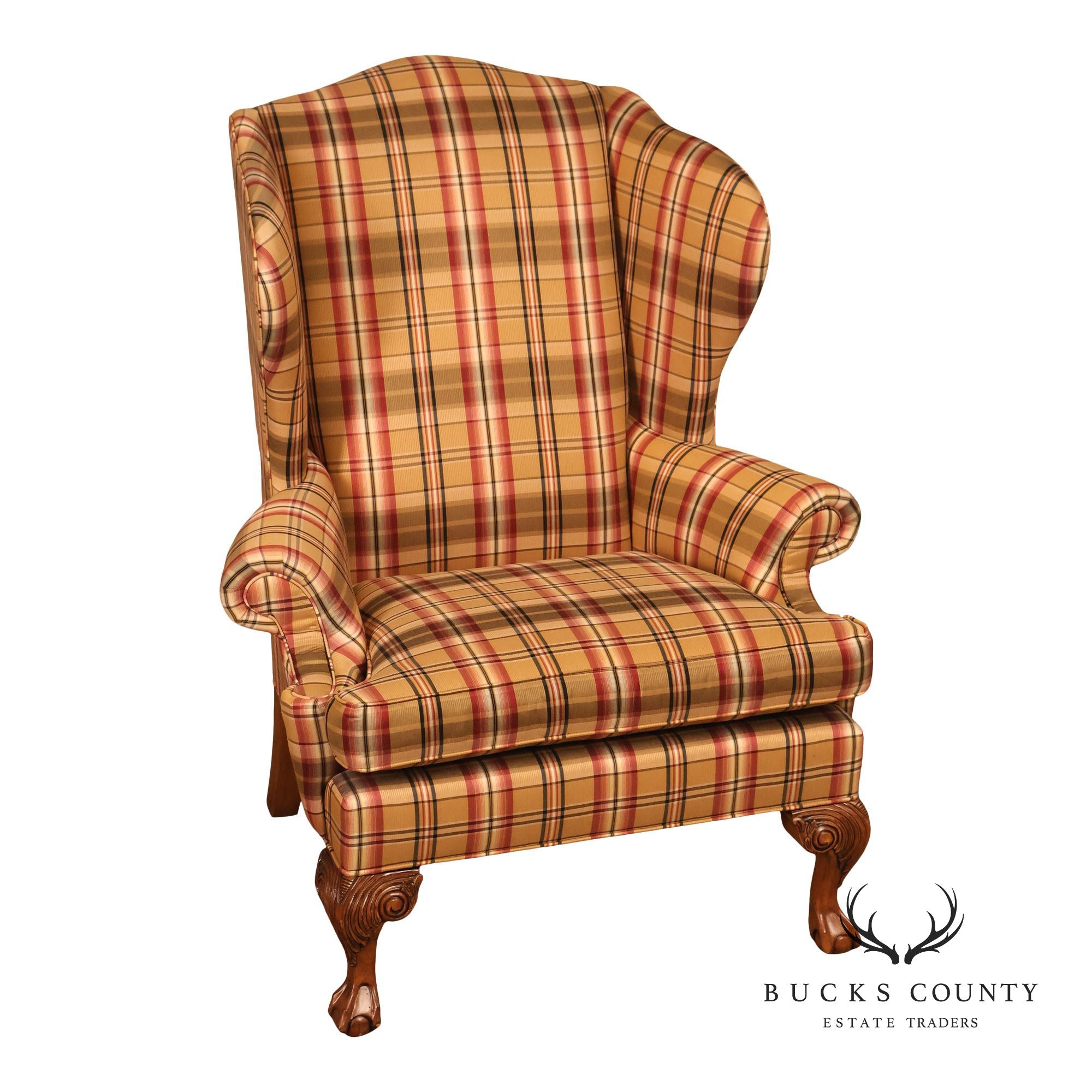Ethan Allen Chippendale Style Plaid Upholstered Wing Chair