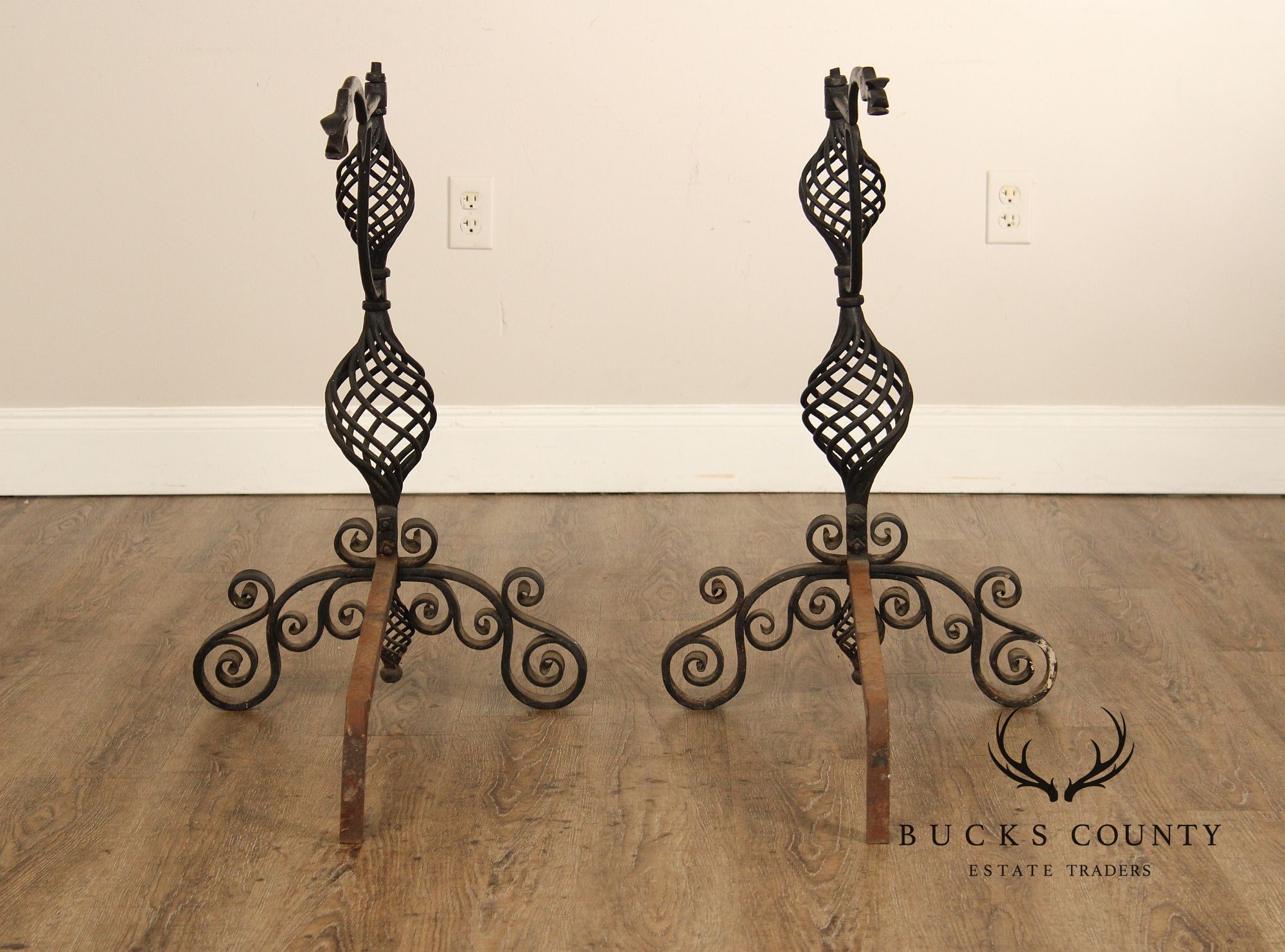 Arts & Crafts Pair of Scrolling Wrought Iron Andirons