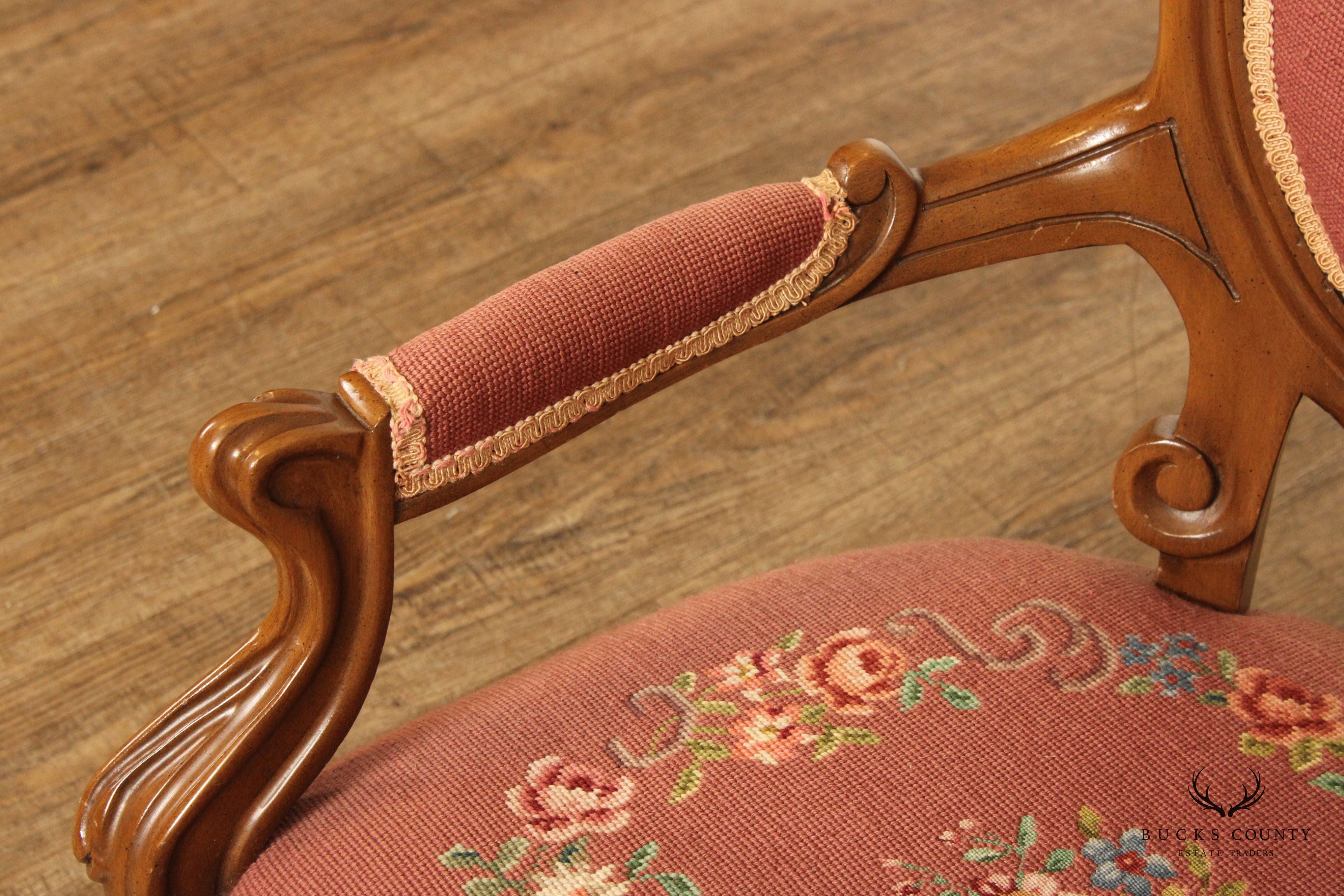 Victorian Pair of Needlepoint Upholstered Parlor Armchairs