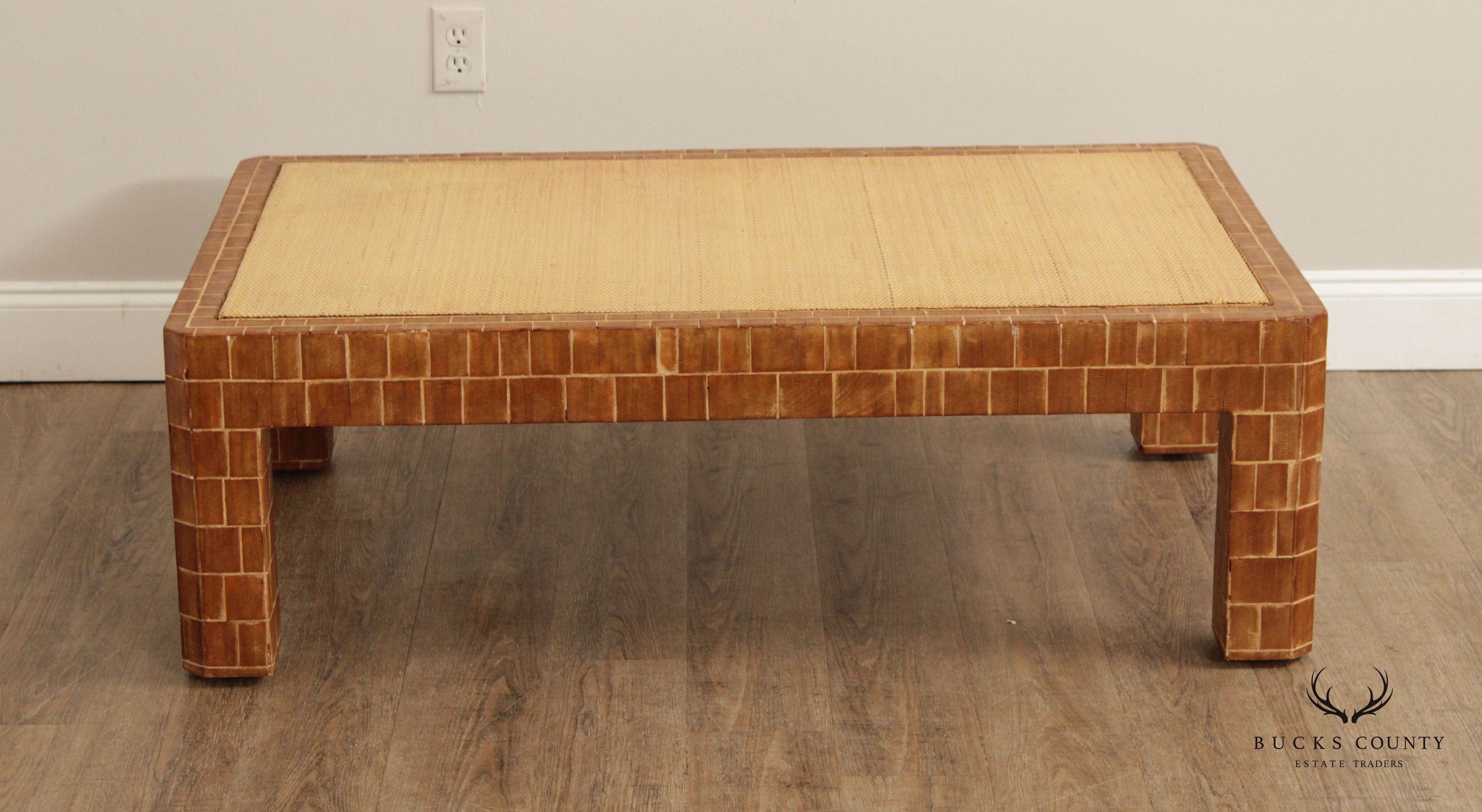 Mid Century Modern Wooden Block Carved Tile Parsons Coffee Table with Wicker Top