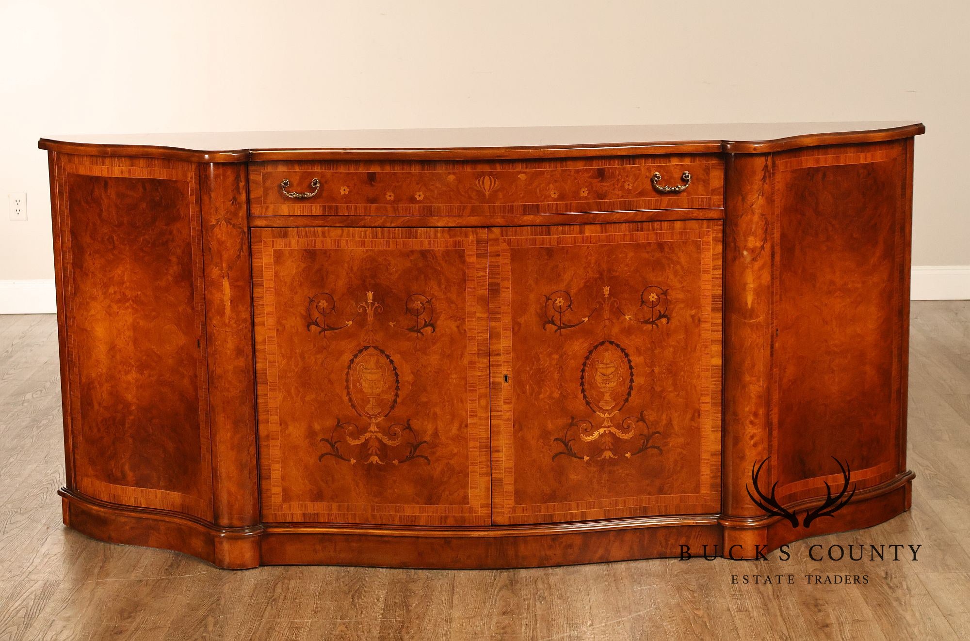 Italian Neoclassical Style Burl Wood Marquetry Inlaid Serpentine Sideboard