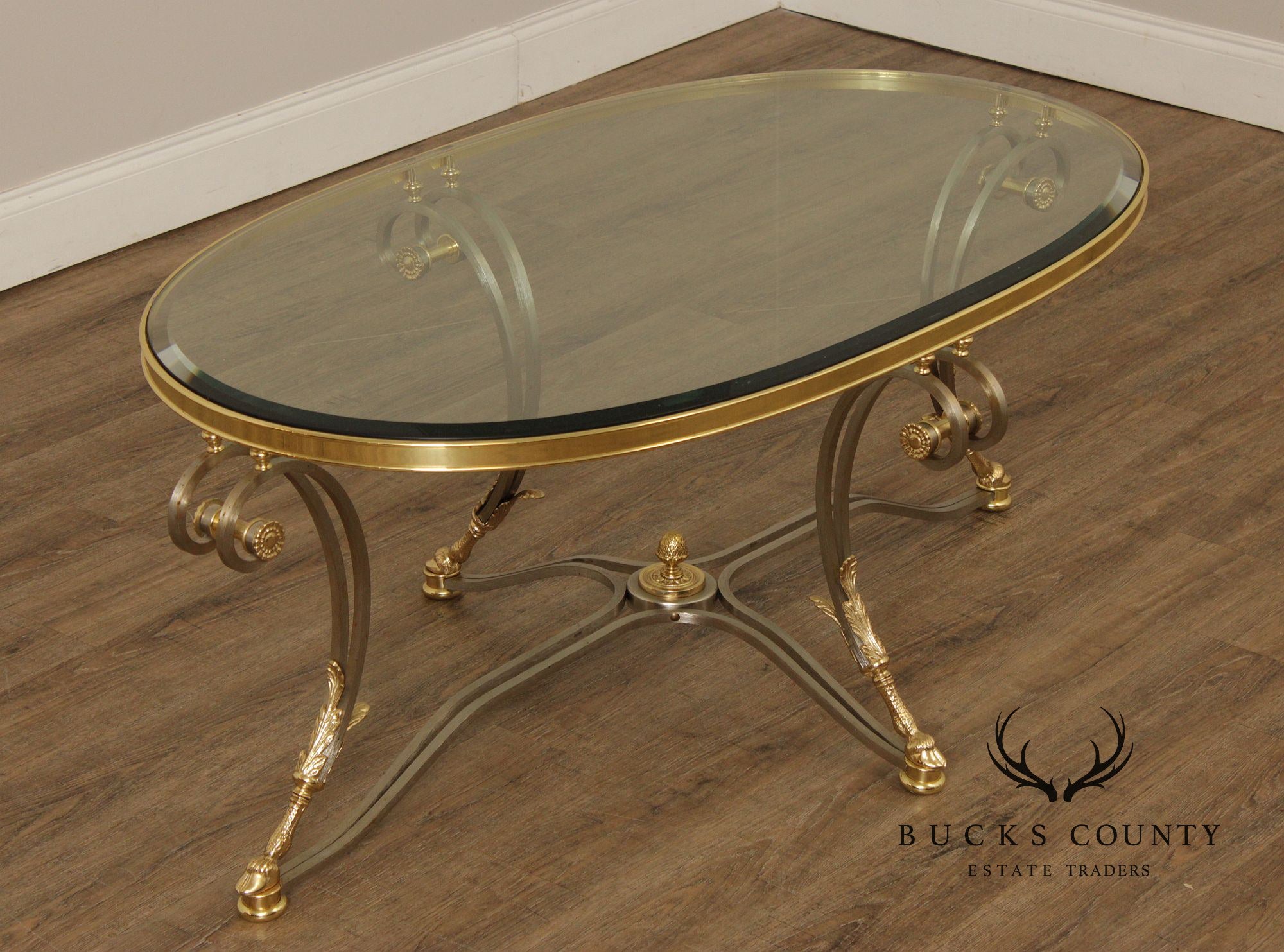 Neoclassical Style Oval Glass Top Coffee Table