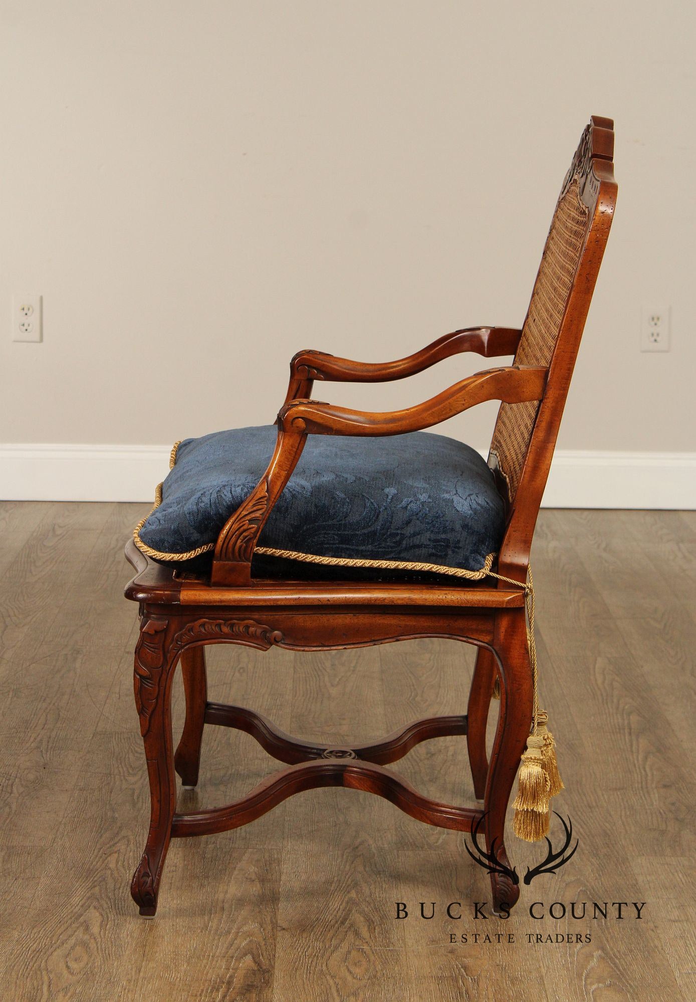 French Louis XV Style Carved Mahogany and Cane Armchair