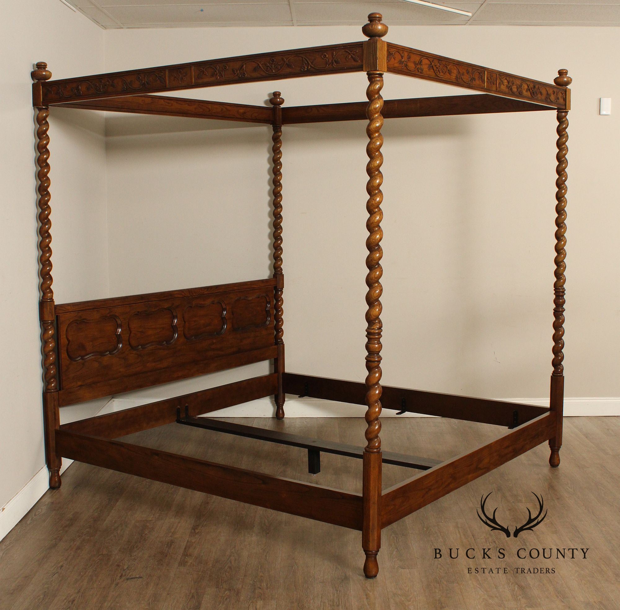 Baker Barley Twist Carved Oak King Size Canopy Poster Bed