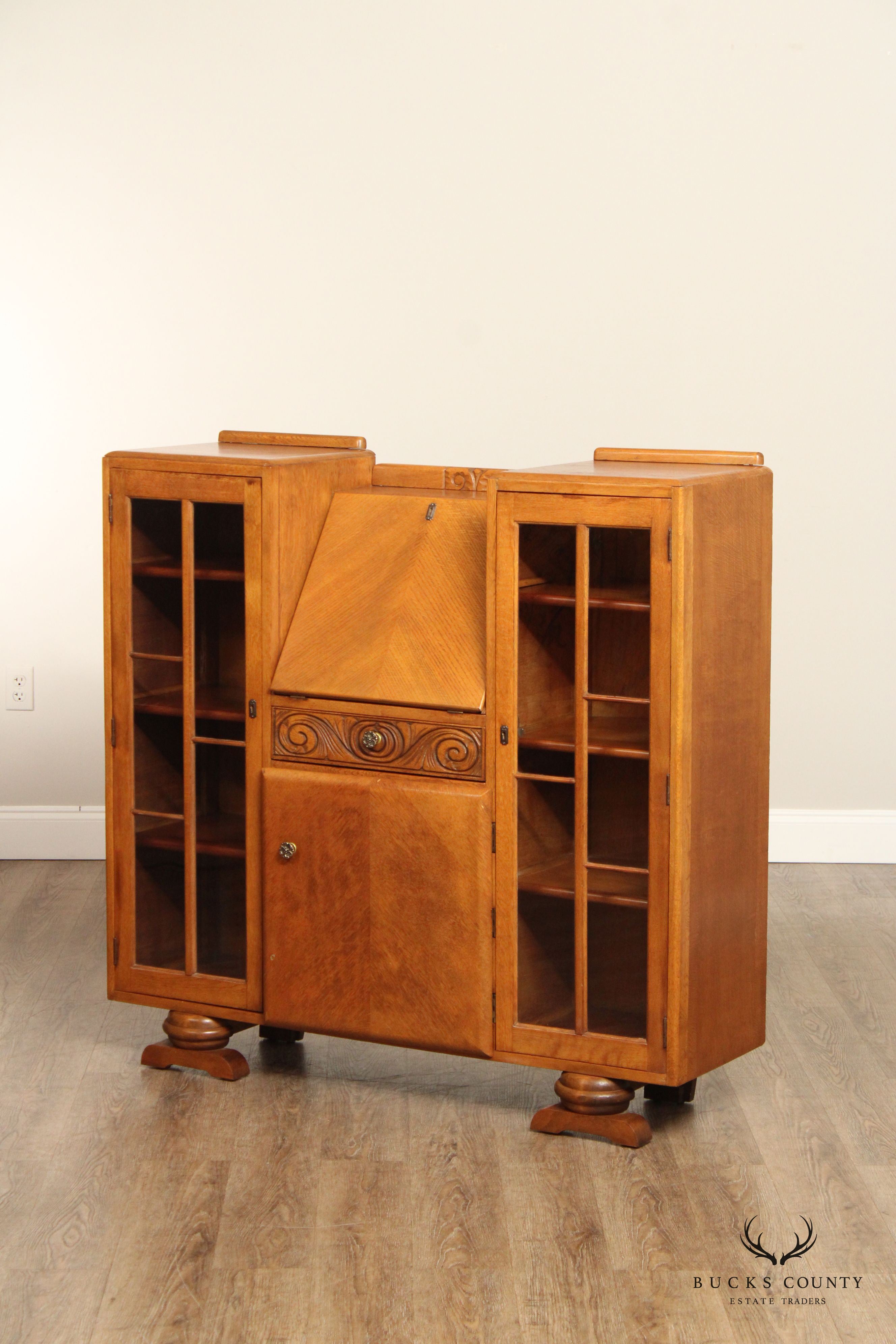 English Art Deco Carved Oak Secretary Bookcase