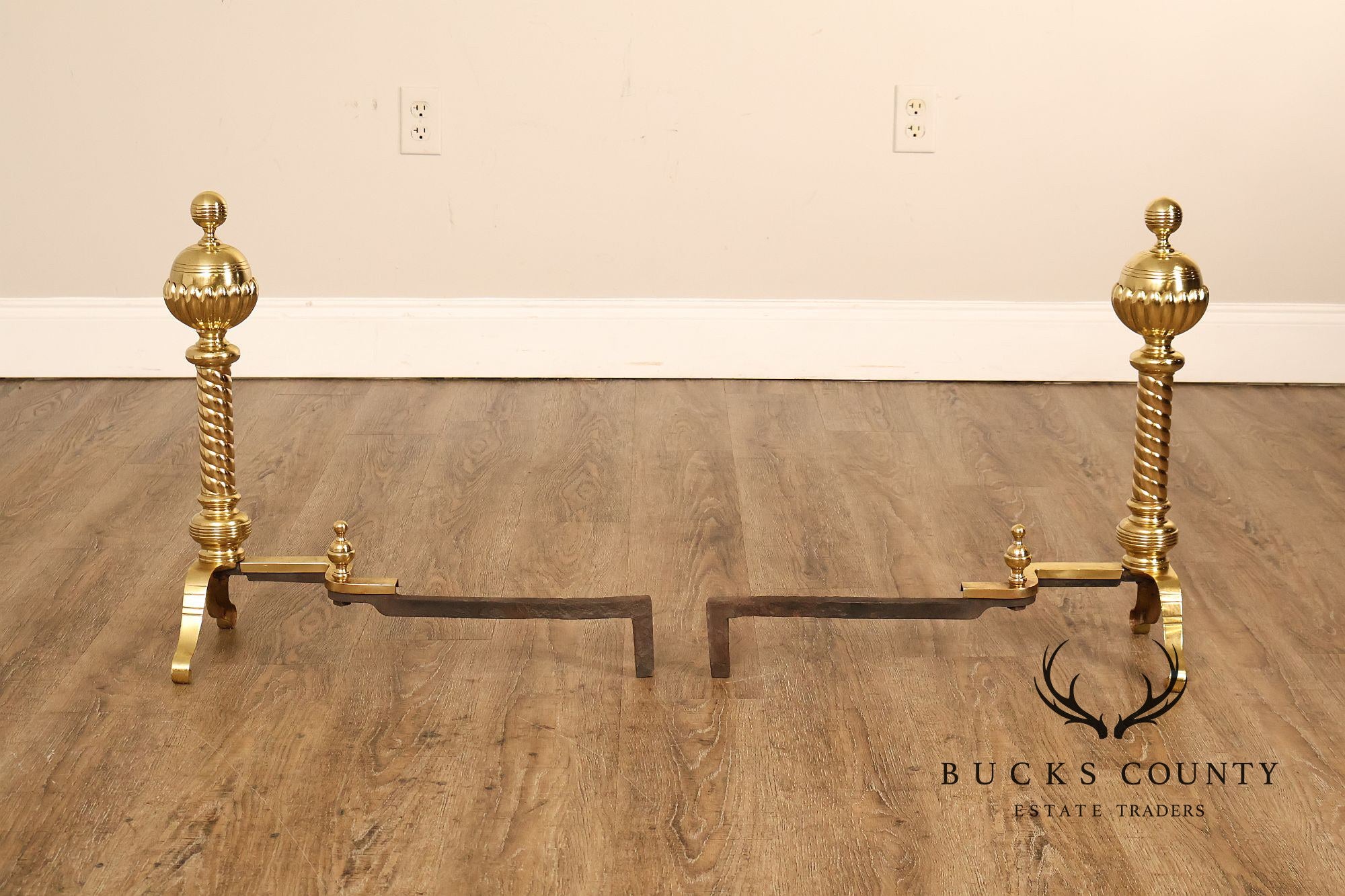 Georgian Style Pair of Polished Brass Fireplace Andirons
