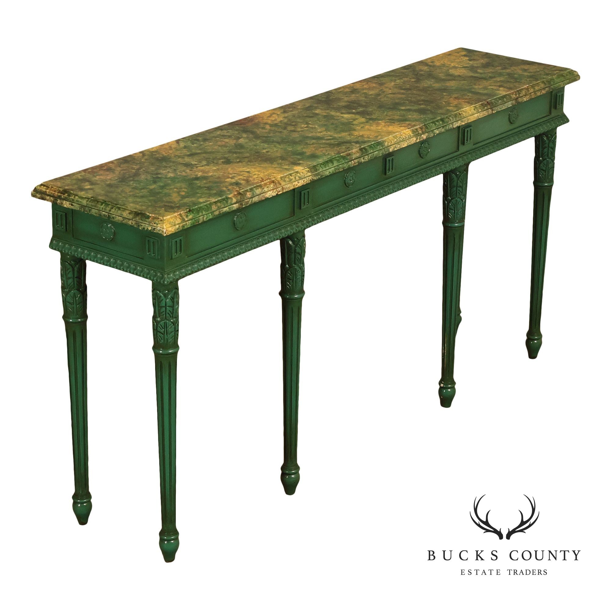 Neoclassical Style Narrow Custom Quality Console Table With Faux Marble Top