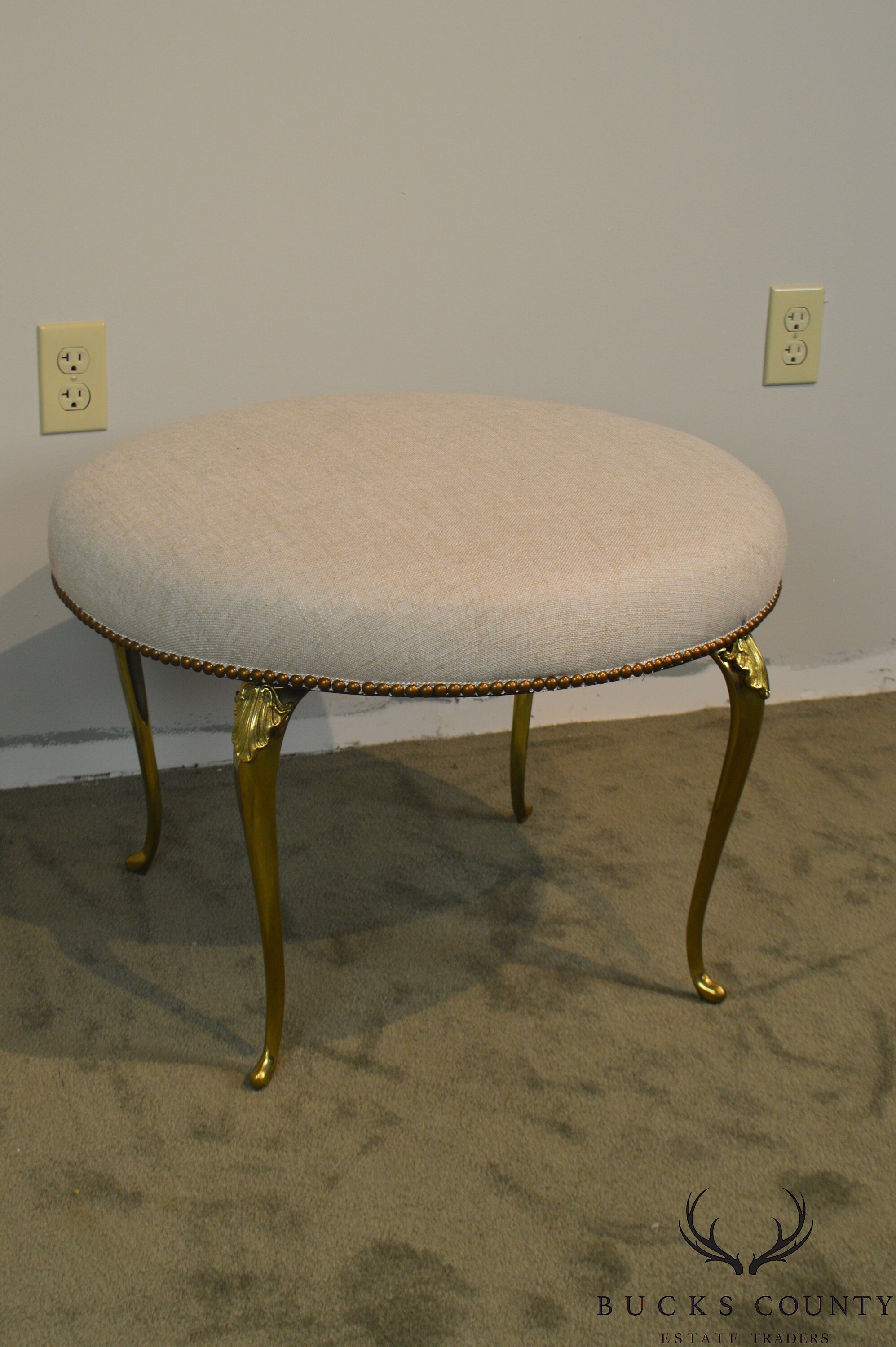 Italian Vintage Brass Frame Round Ottoman or Stool