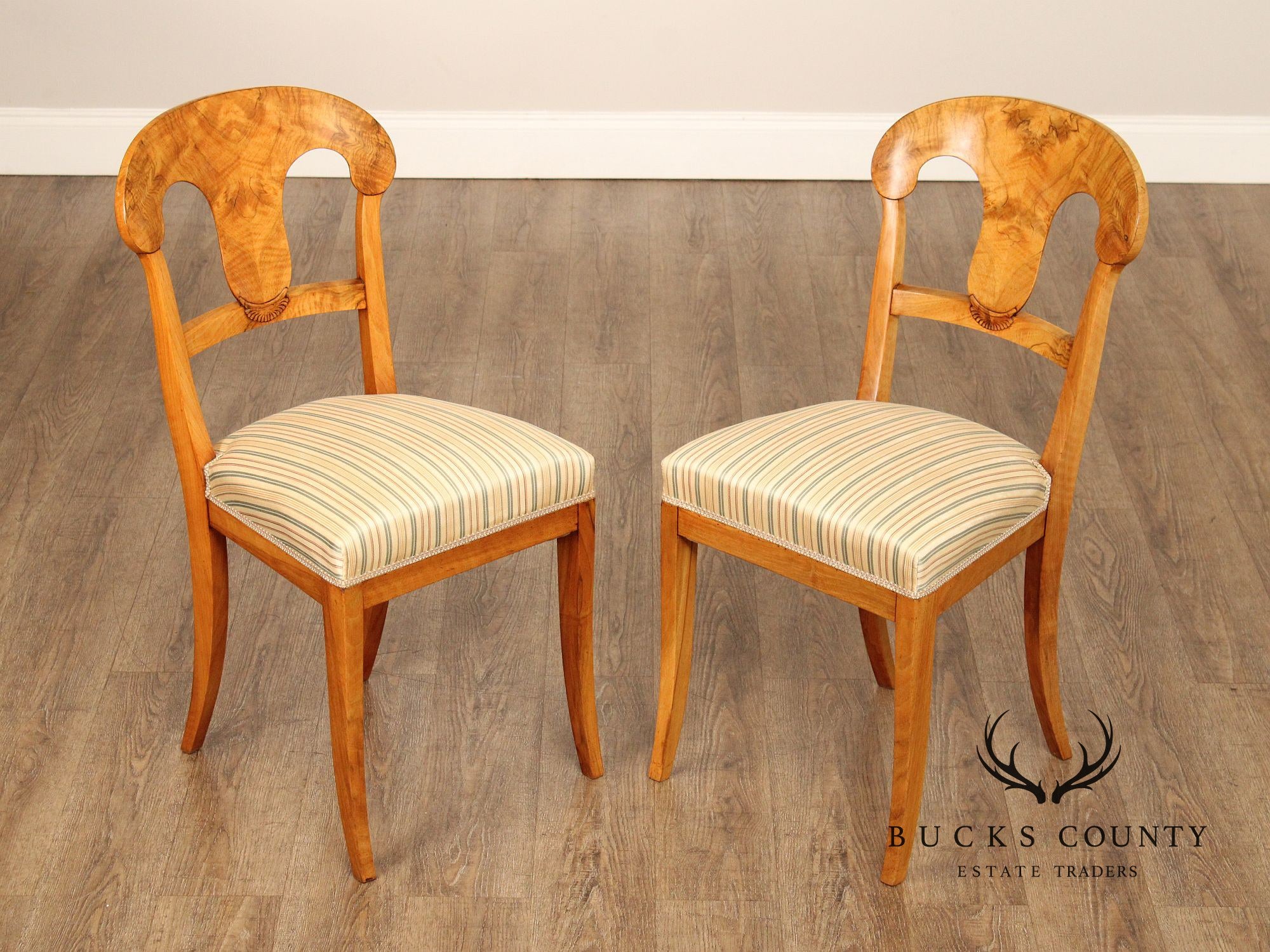 Antique Biedermeier Pair of Birchwood Side Chairs