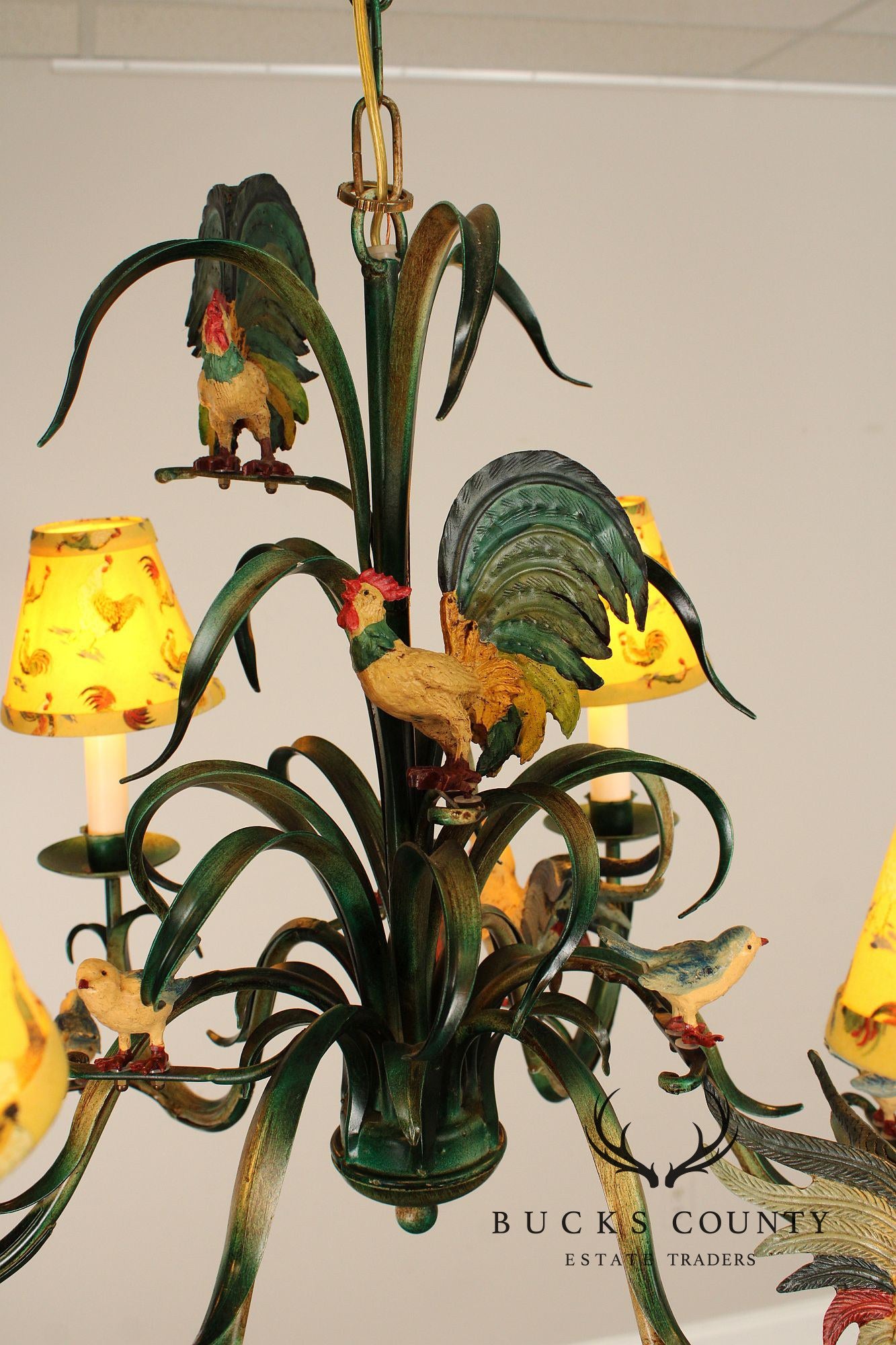 Farmhouse Style Painted Tole Rooster Chandelier