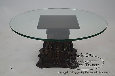 Vintage Italian Carved Wood Corinthian Colum Base Round Glass Top Coffee Table