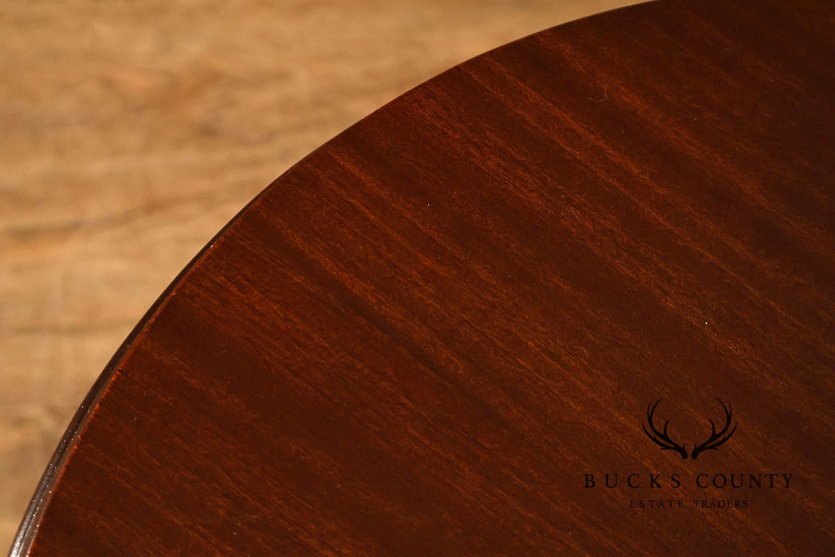 Carved Mahogany Pair Of Round Pedestal End Tables With A Drawer