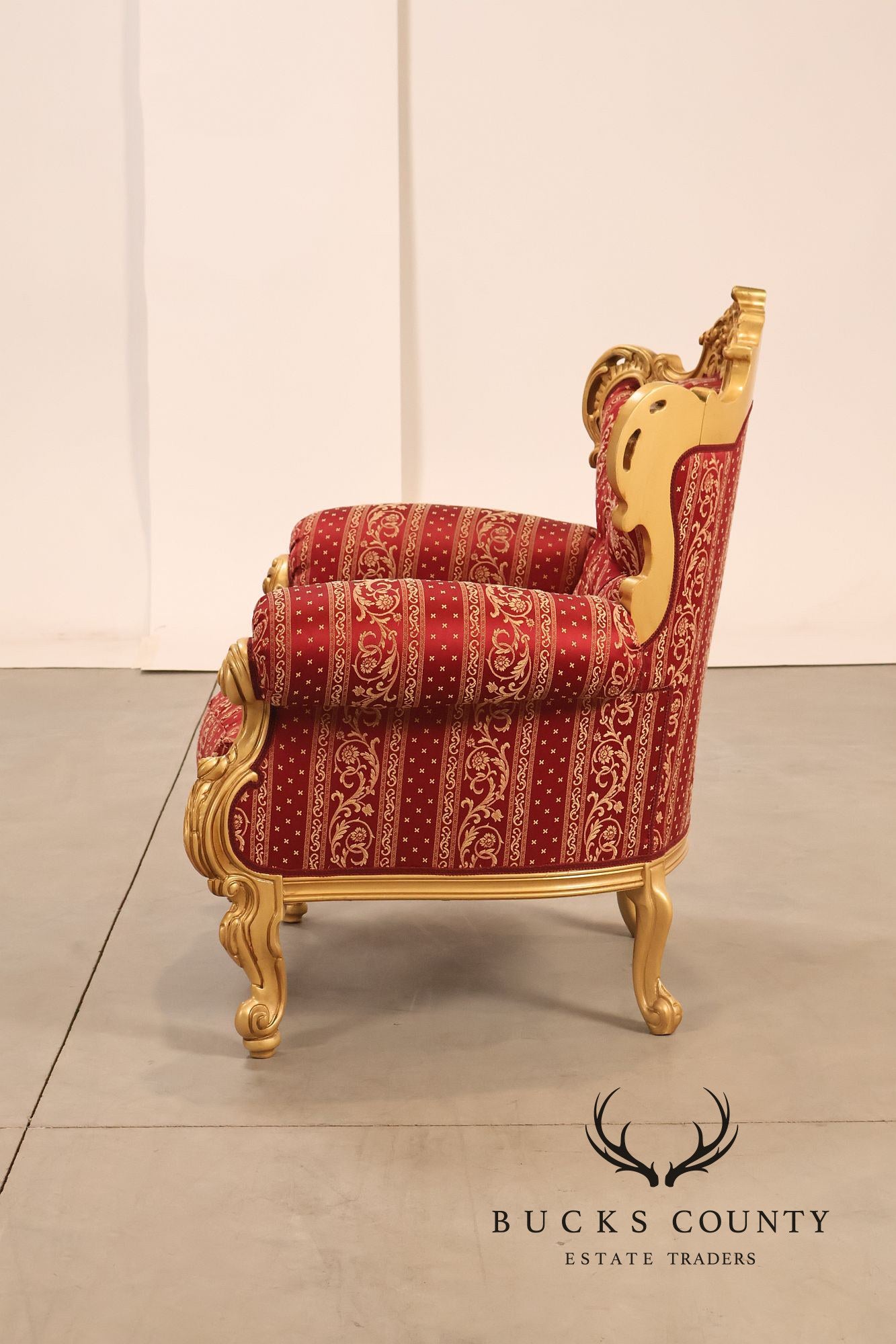 Baroque Style Pair Of Giltwood Armchairs With Red Damask Upholstery