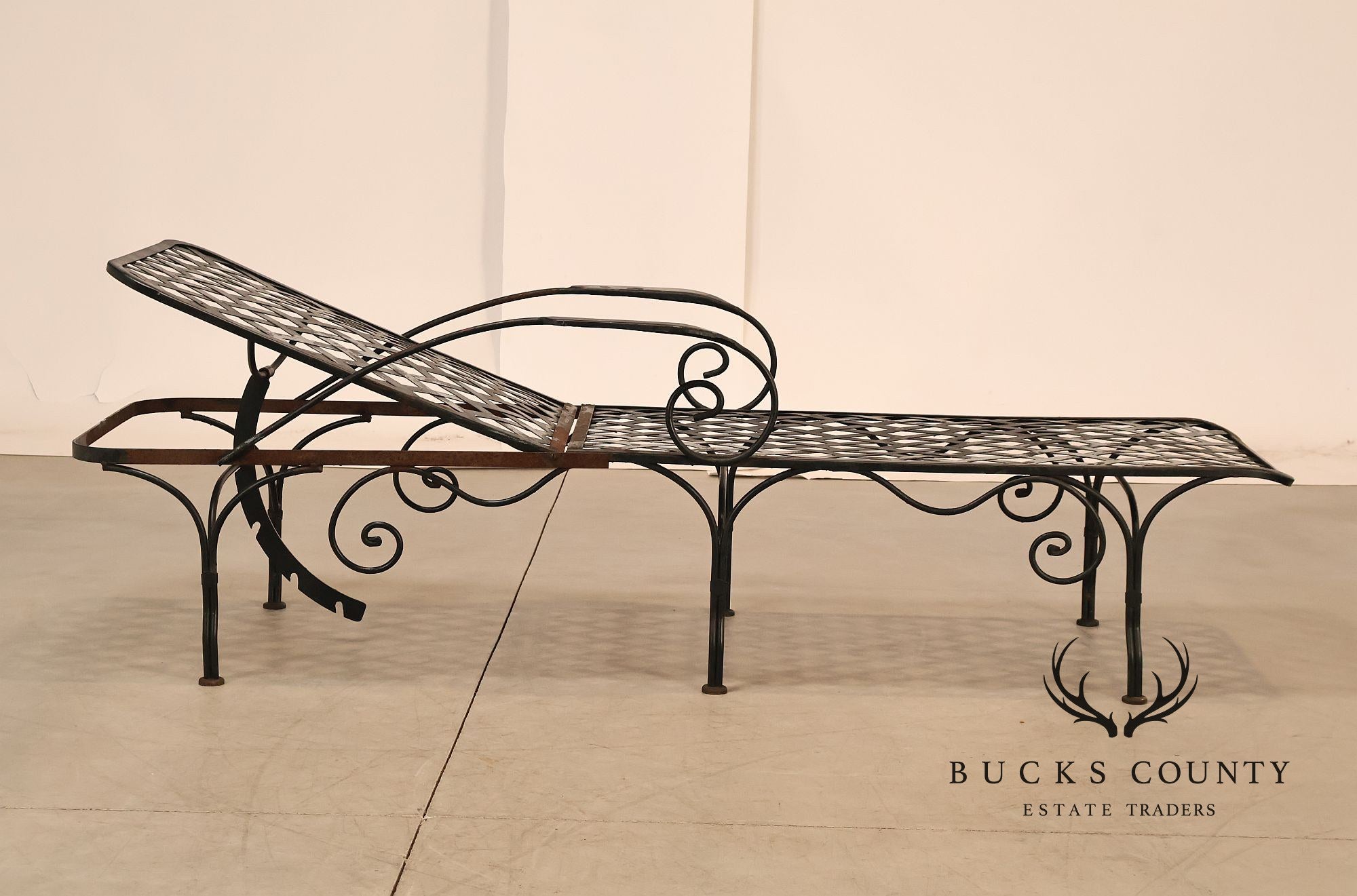 Vintage Wrought Iron Outdoor Patio Adjustable Chaise Lounge